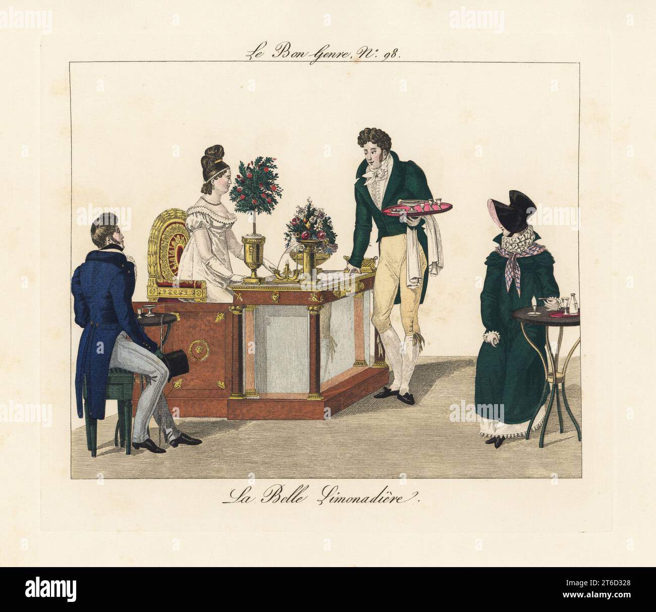 Madame Romain, the beautiful lemonade seller, at the Cafe des Mille Colonnes in the Palais Royal, Paris, seated on her throne and surrounded by her admirers. La belle limonadiere. A waiter carries a tray of drinks. Handcoloured engraving from Pierre de la Mesangere's Le Bon Genre, Paris, 1817. Stock Photo