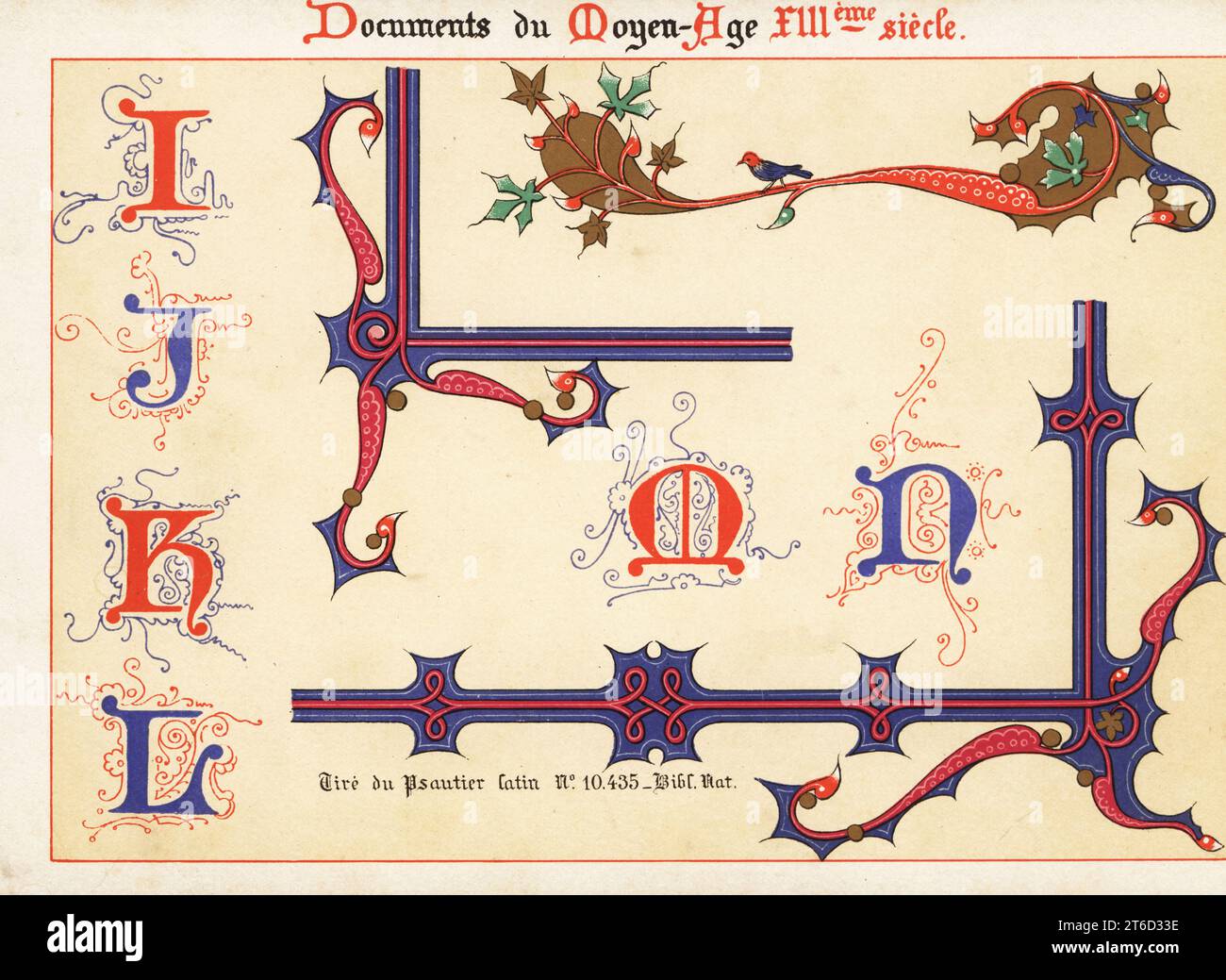 Alphabet of decorative initial letters from I to N, with filigree and foliage, from a 13th century illuminated Latin psalter in the Bibliotheque National, manuscript 10435. Tire du Psautier Latin No. 10.435, Bib. Nat. Chromolithograph designed and lithographed by Ernst Guillot from his Ornementation des Manuscrits au Moyen-Age (Ornamentation from Manuscripts of the Middle Ages), Paris, 1897. Stock Photo
