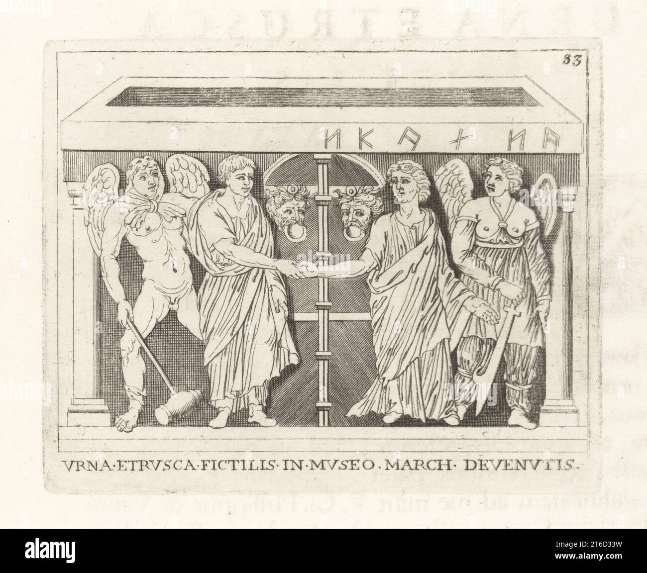 Bride and groom with deities from an Etruscan pottery urn. The winged woman with sword possibly Discordia or one of the Furies, the winged man in animal-skin hood with hammer possibly the Genius of Jealousy. Urna Etrusca Fictilis in Museo March Devenutis. Copperplate engraving from Francesco Valesio, Antonio Gori and Ridolfino Venutis Academia Etrusca, Museum Cortonense in quo Vetera Monumenta, (Etruscan Academy or Museum of Cortona), Faustus Amideus, Rome, 1750. Stock Photo
