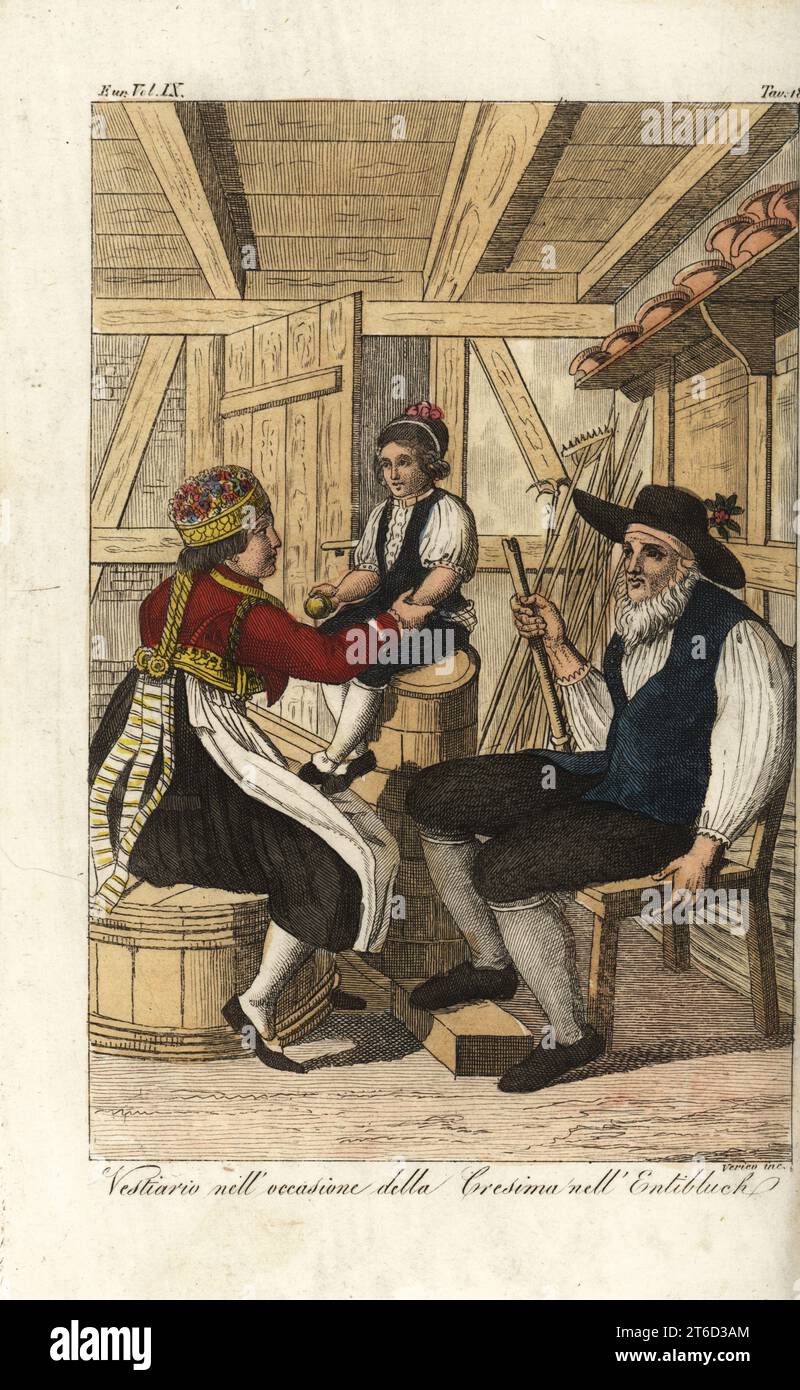 Entlebuch family in costumes for a confirmation ceremony, Switzerland, 18th century. Vestiario nelloccasione della Cresima nellEntibluch. Handcoloured copperplate engraving by Verico from Giulio Ferrarios Costumes Ancient and Modern of the Peoples of the World, Il Costume Antico e Moderno, Florence, 1837. Stock Photo