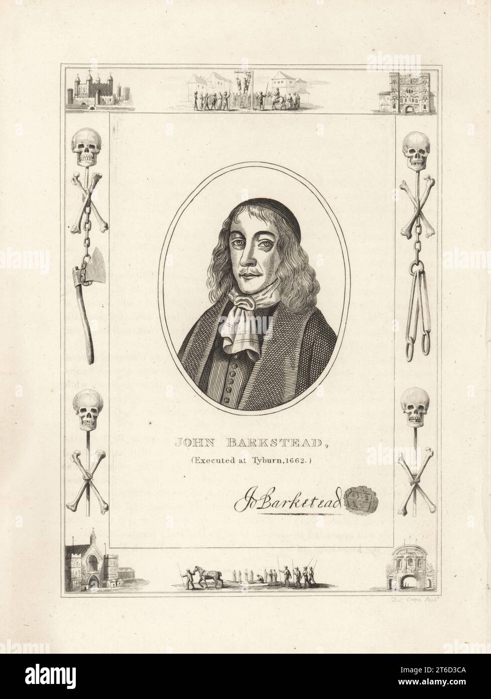 John Bankstead, executed at Tyburn 1662. English major general and regicide of King Charles I, hanged at the restoration. With his autograph and seal. Within a frame decorated with vignettes of skull and cross bones, chains and executioners axe, a man hanging from a gibbet at Tyburn, a condemned man on a sled, the Tower of London, Newgate Prison. Copperplate engraving by Robert Cooper from James Caulfields The High Court of Justice, London, 1820. Stock Photo