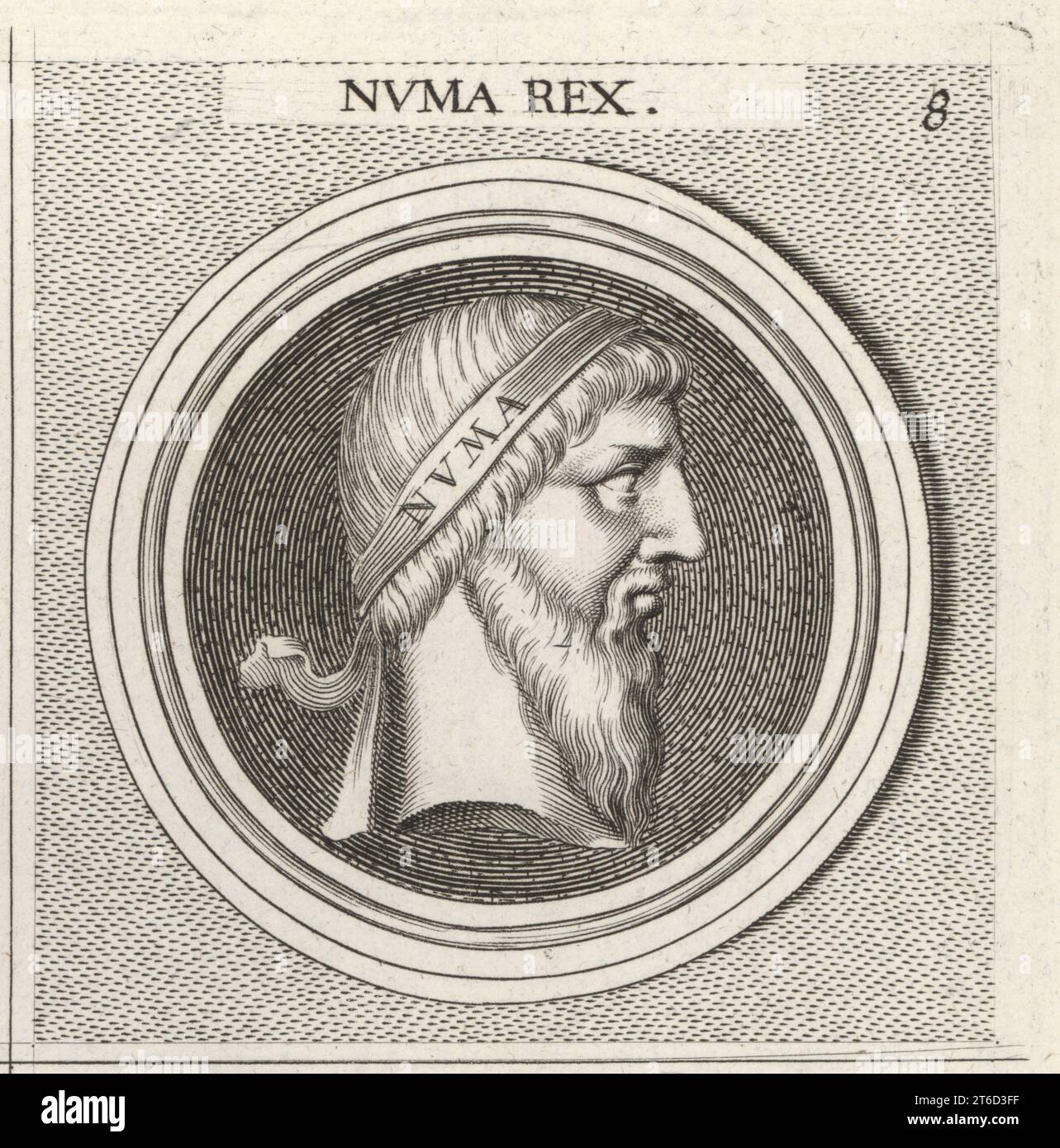 Numa Pompilius, legendary second king of Rome, c.753672 BC. Credited with the invention of the Roman calendar, Vestal Virgins, the cults of Mars, Jupiter and Romulus, and the office of pontifex maximus. Numa Rex. Copperplate engraving after an illustration by Joachim von Sandrart from his LAcademia Todesca, della Architectura, Scultura & Pittura, oder Teutsche Academie, der Edlen Bau- Bild- und Mahlerey-Kunste, German Academy of Architecture, Sculpture and Painting, Jacob von Sandrart, Nuremberg, 1675. Stock Photo