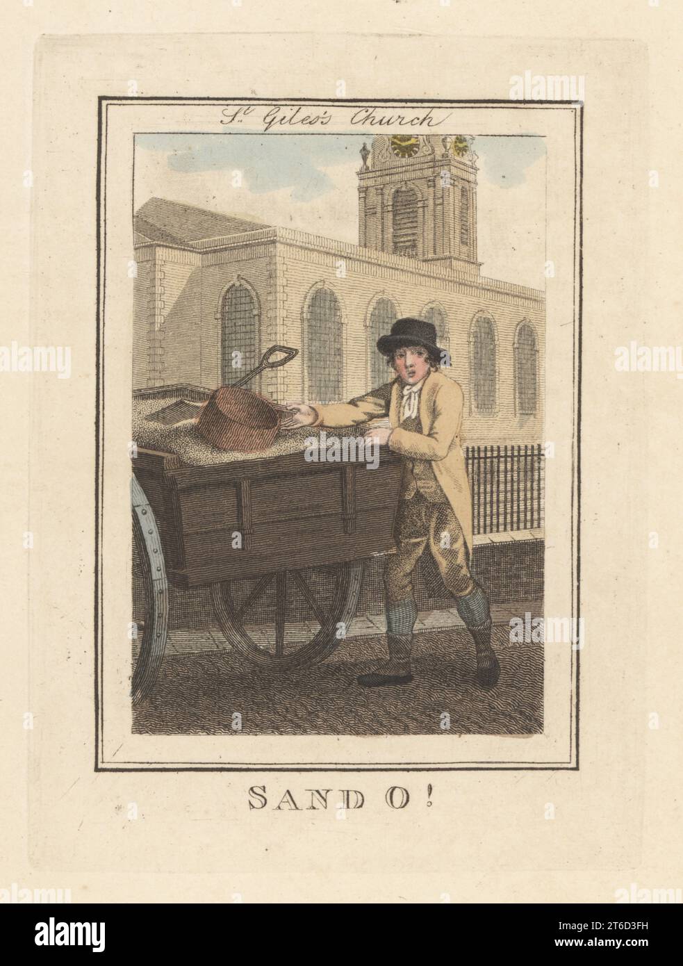 Sand seller in front of St Giles Church. In hat, coat, waistcoat, breeches and boots, with wagon of sand, basket and spade. Red sand and white sand was used in cleaning kitchen utensils and floors. Handcoloured copperplate engraving by Edward Edwards after an illustration by William Marshall Craig from Description of the Plates Representing the Itinerant Traders of London, Richard Phillips, No. 71 St Pauls Churchyard, London, 1805. Stock Photo