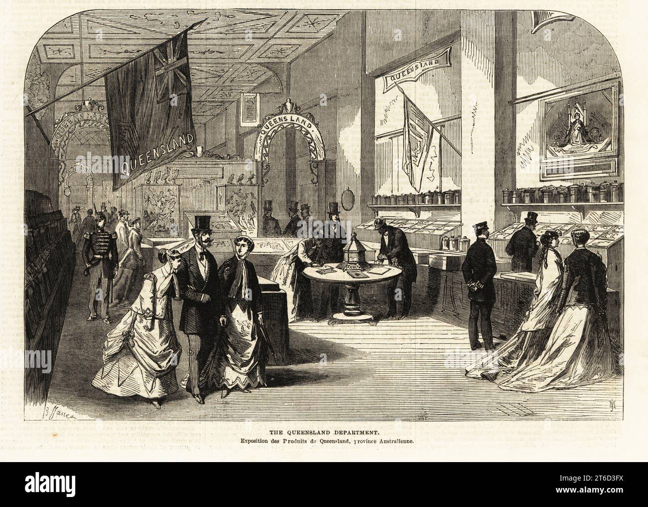 Visitors looking at the cases of birds, products, and export items in the Queensland Department, Australia, at the Paris Exposition Universelle, 1867. Walls decorated with flags and a painting of Queen Victoria. Woodcut engraving by JM from the Supplement to the Illustrated London News, London, June 8, 1867. Stock Photo