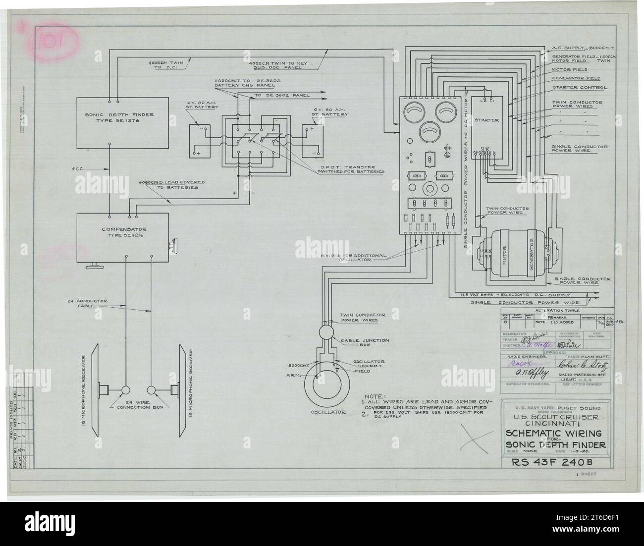 USS Cincinnati (CL6) Schematic Wiring for Sonic Depth Finder Stock
