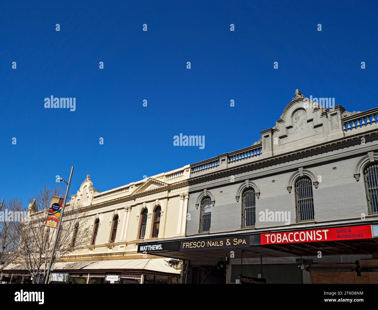 Melbourne Australia / Older period facade detail and shops in Puckle Street, Moonee Ponds Stock
