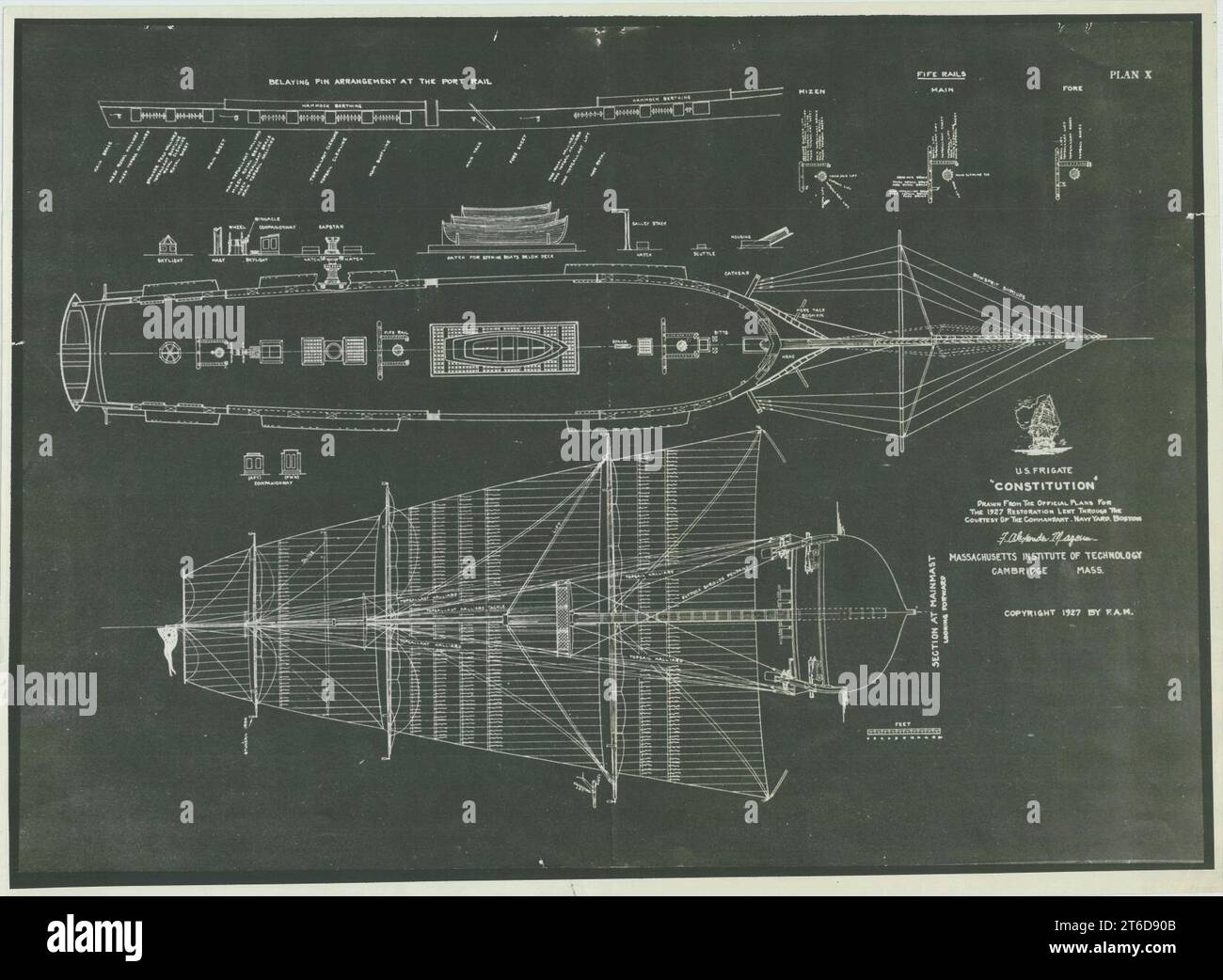 USS Constitution- Belaying Pin Arrangement at the Port Rail - Fife Rails - Section at Mainmast Looking Forward Stock Photo