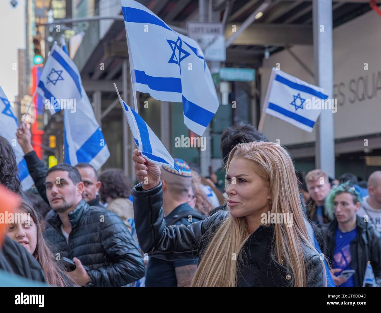 NEW YORK, N.Y. – October 13, 2023: Pro-Israeli demonstrators and others are seen during a protest in Manhattan. Stock Photo