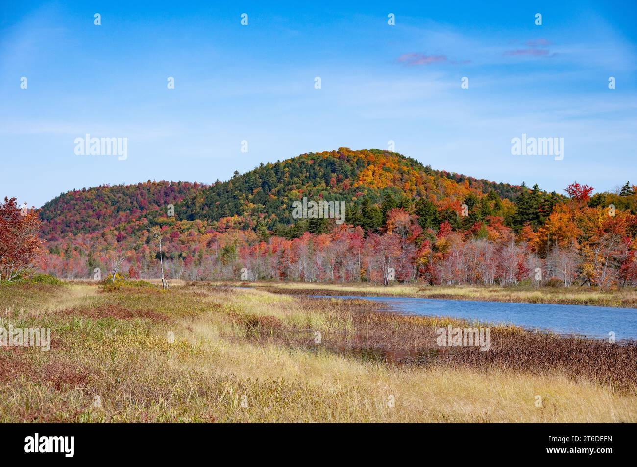 A view of the Adirondack Mountains along the Sacandaga River in autumn Stock Photo