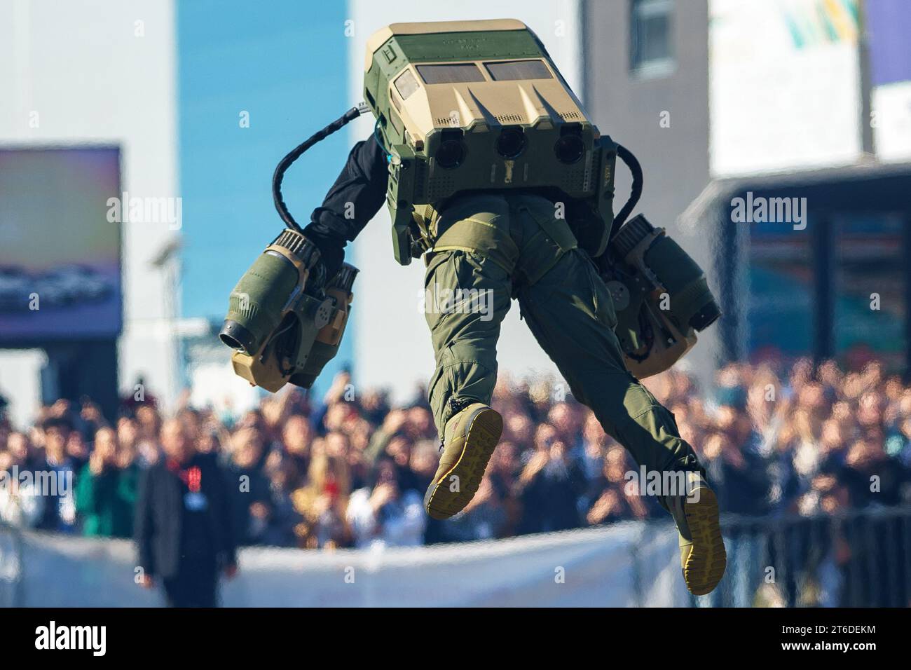 Bucharest, Romania. 9th Nov, 2023: British entrepreneur and inventor Richard Browning flying in his MK3 jet suit prototype during GoTech World, the largest IT & Digital expo-conference in Central and Eastern Europe, at ROMEXPO Exhibition Center in Bucharest. Credit: Lucian Alecu/Alamy Live News Stock Photo