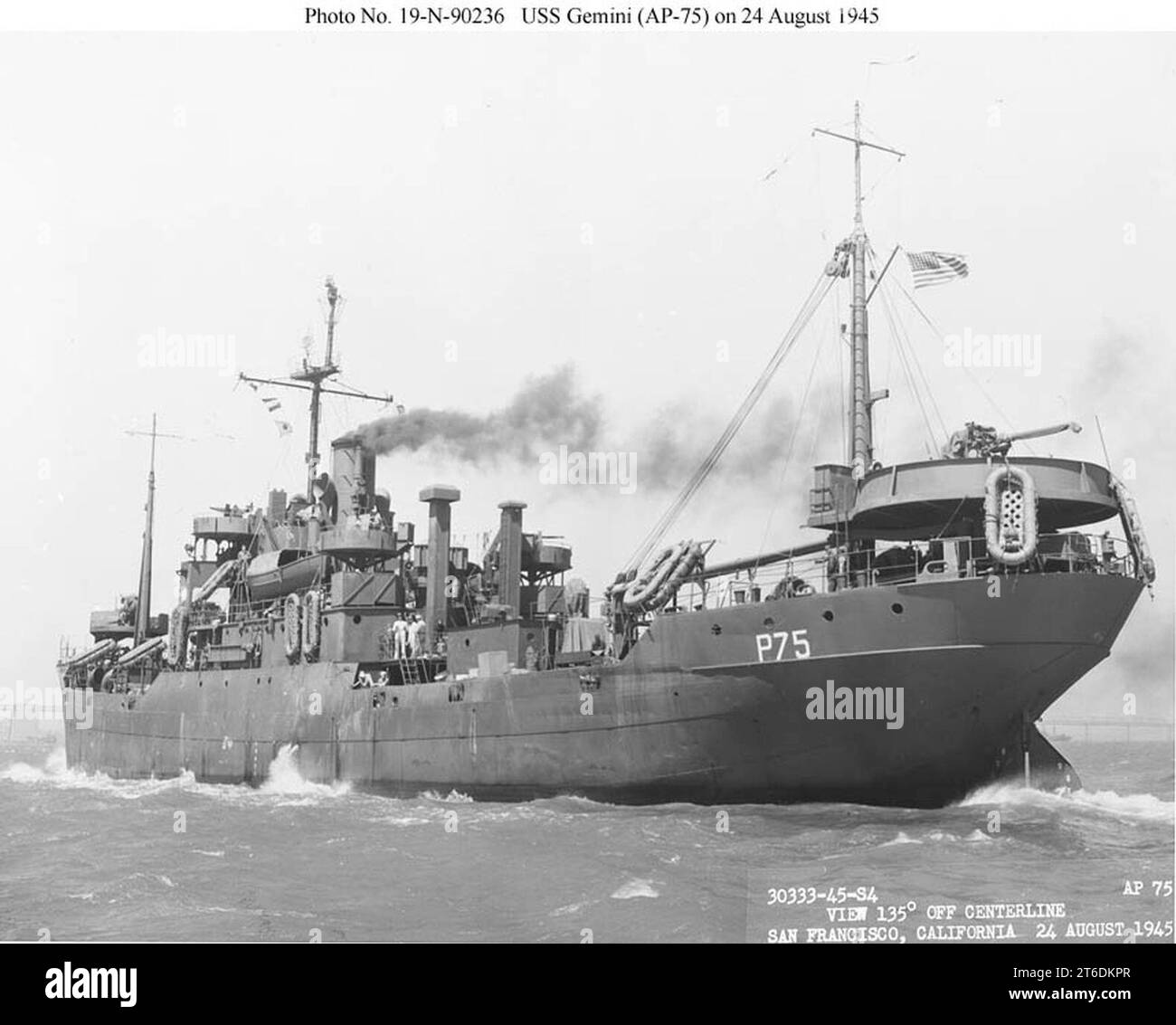 USS Gemini (AP-75) underway near San Francisco, CA., 24 August 1945