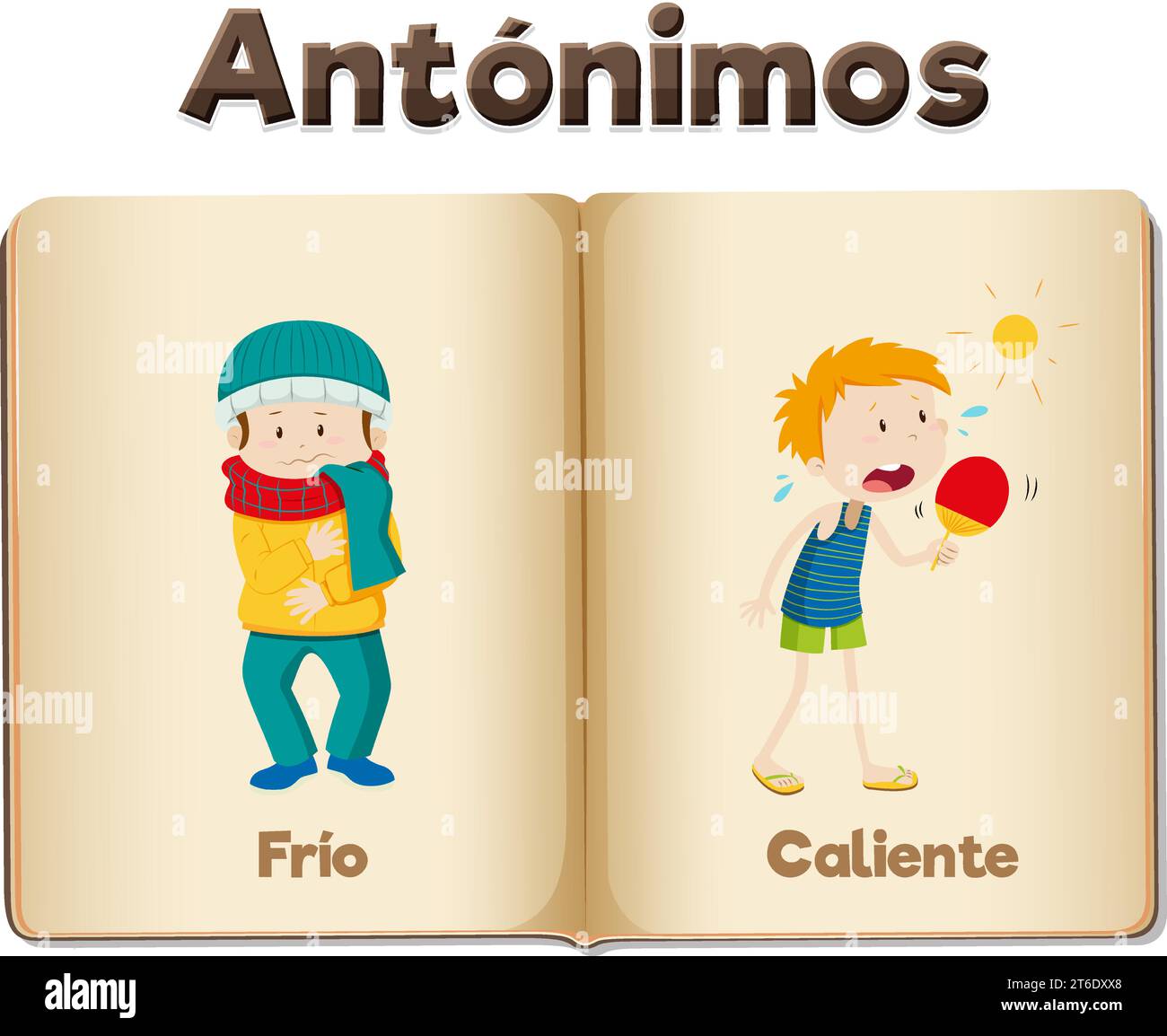Vector cartoon illustration of antonym word card in Spanish means cold