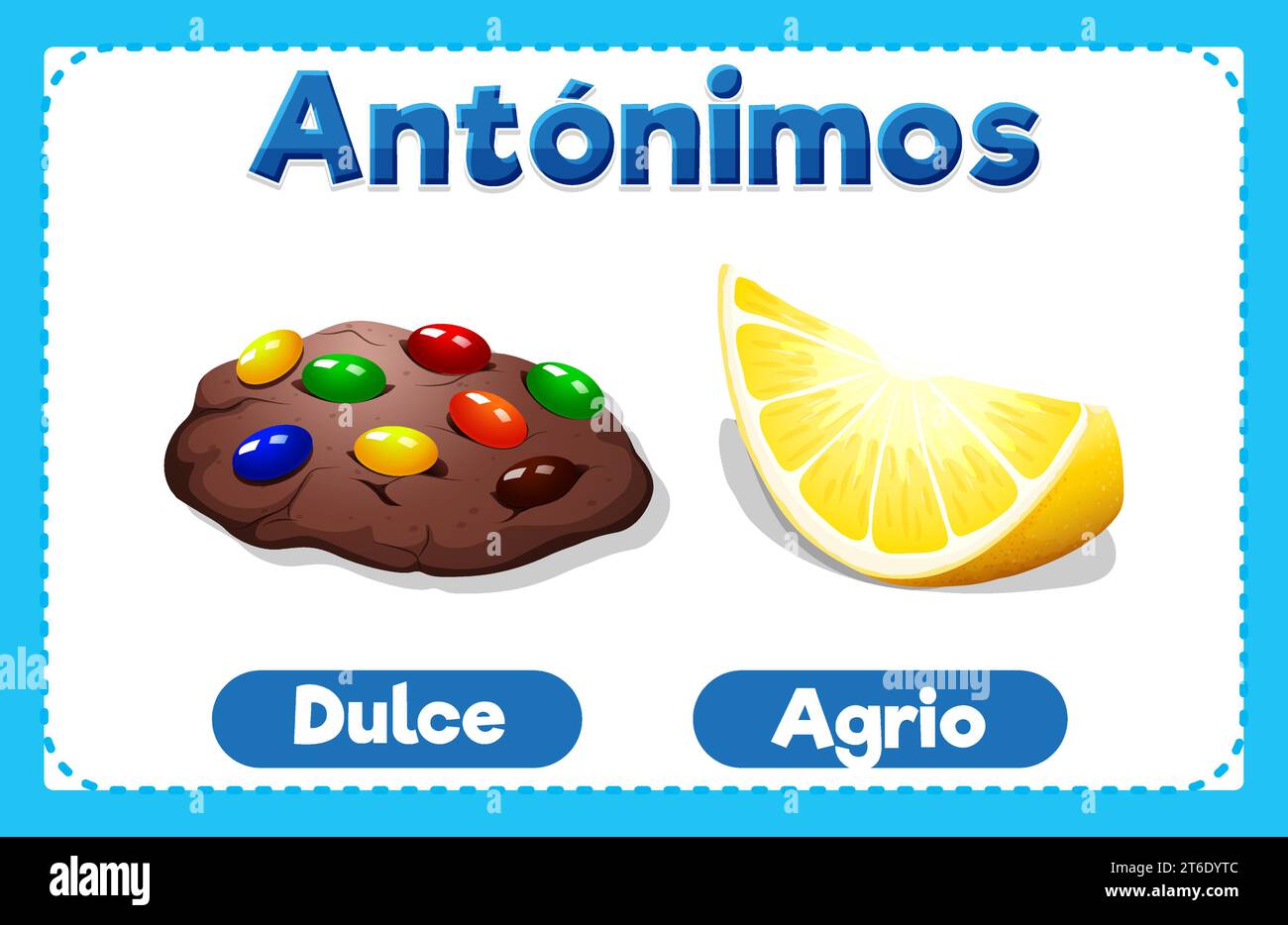 Illustrated card with Spanish antonyms in a vector cartoon style means