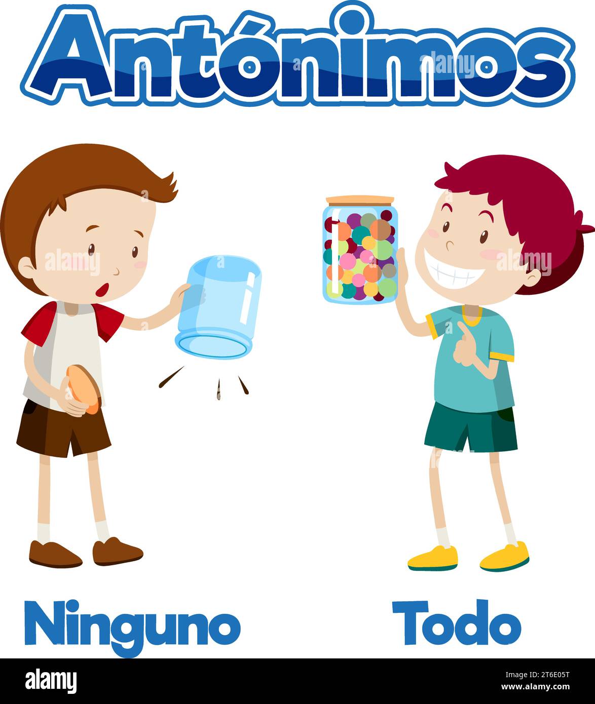 A vector cartoon illustration of Spanish antonyms means new and old