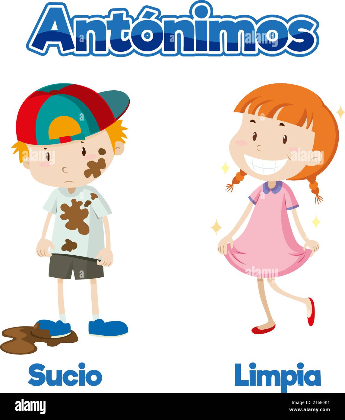 A vector cartoon illustration of antonyms in Spanish means dirty and