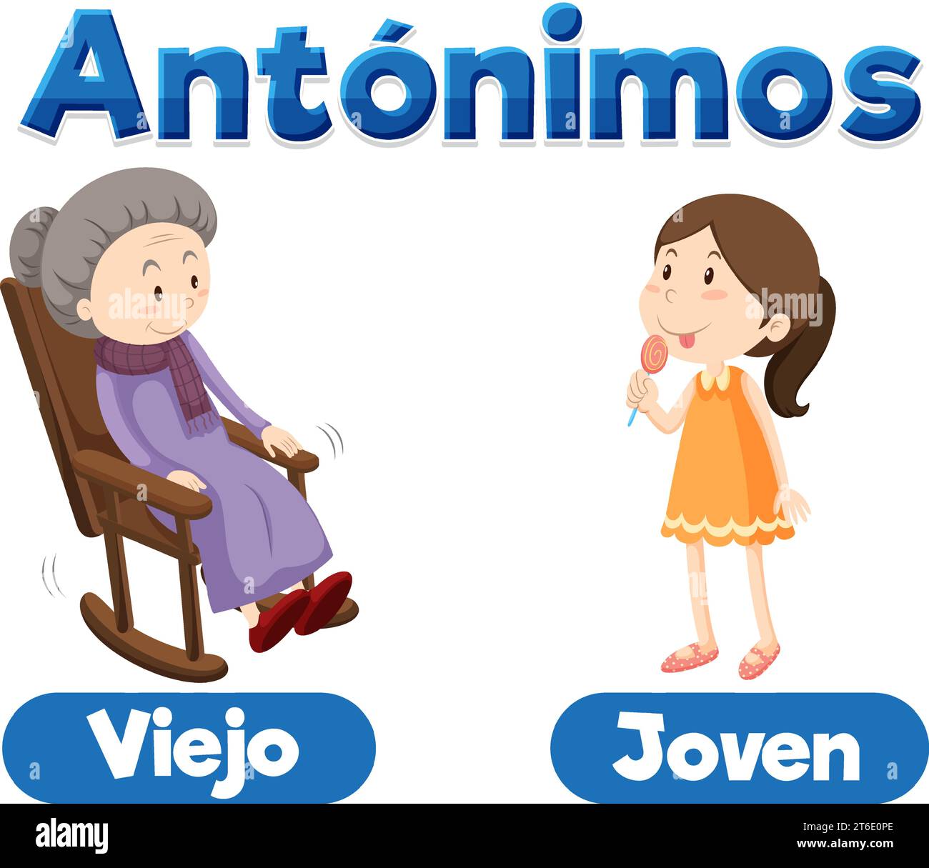 A vector cartoon illustration of Spanish antonyms means new and old Stock Vector