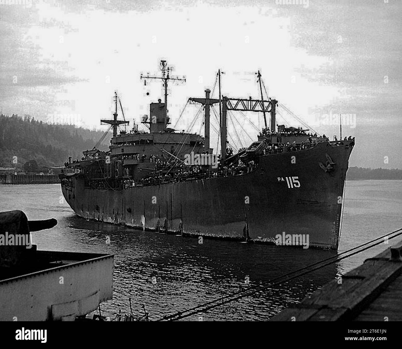 USS Hampton (APA115) docking at Portland, Oregon (USA), circa in late