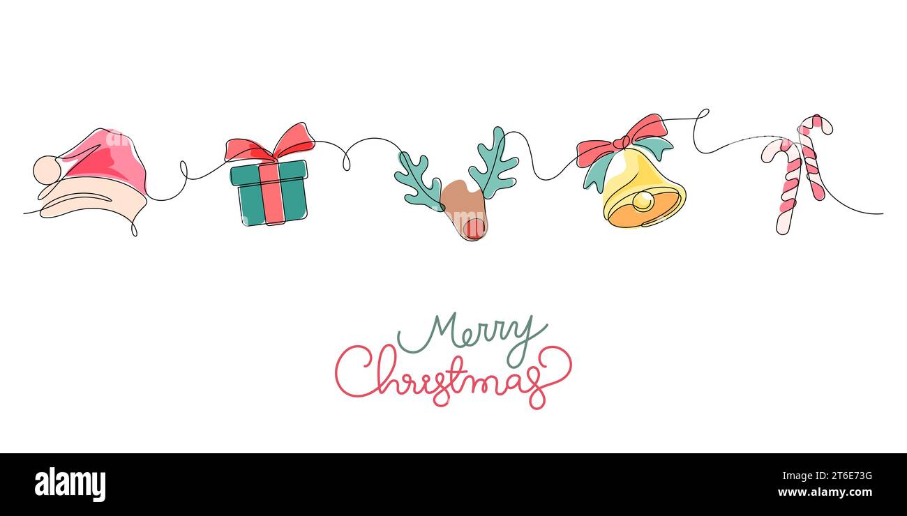 merry christmas thin line continuous greeting flat design vector illustration Stock Vector
