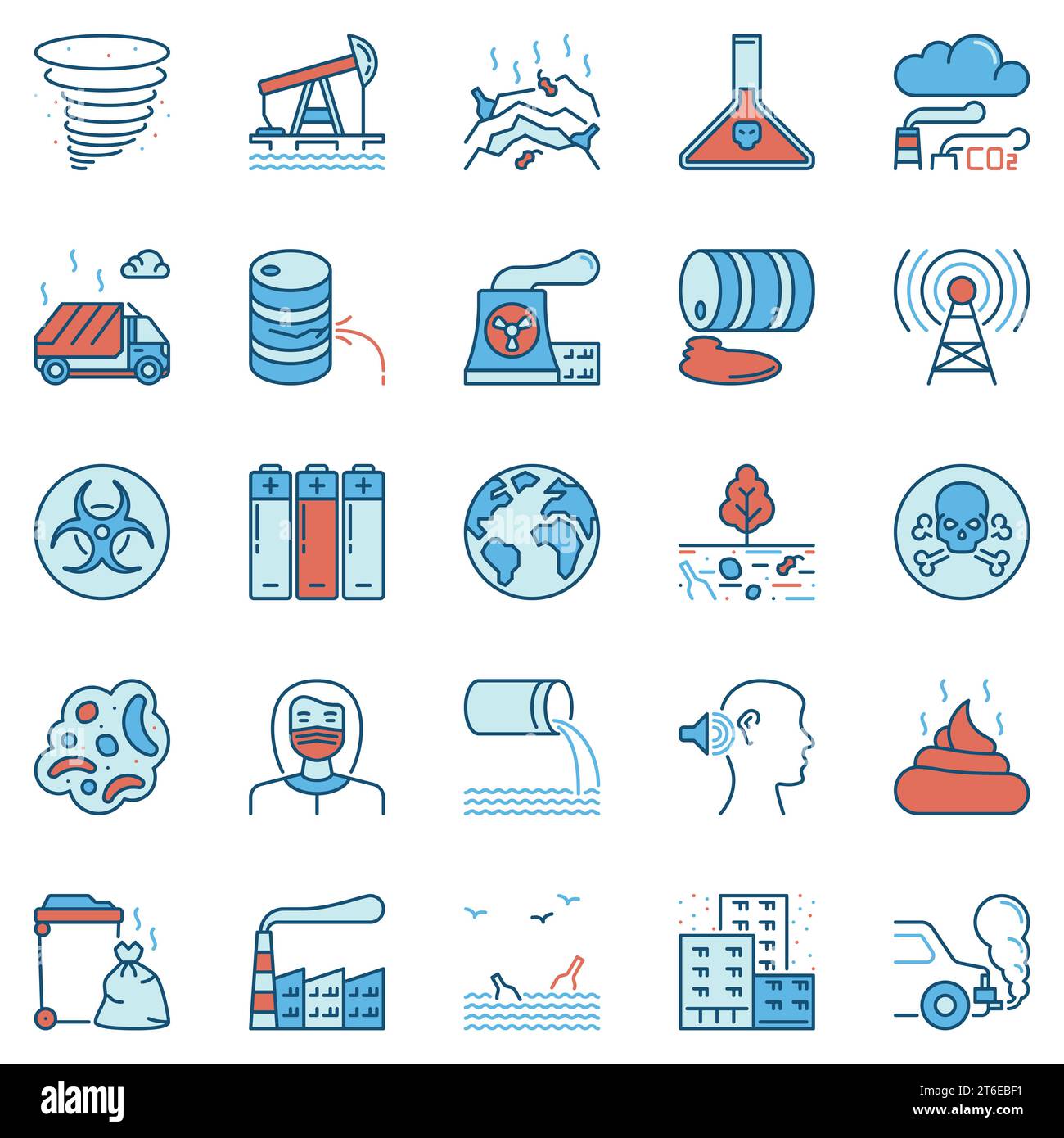 Pollution colored icons set. Vector air, noise, dust, water and land pollution concept modern signs Stock Vector