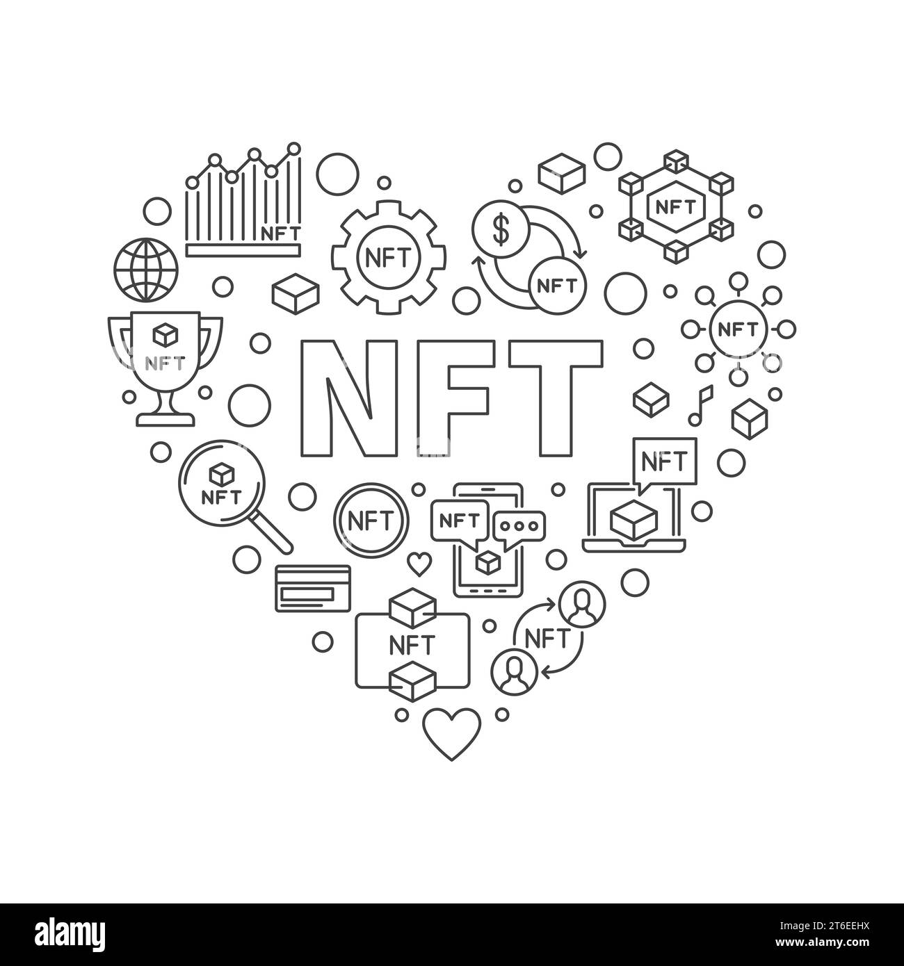 NFT Heart concept outline Banner - Non-Fungible Token Technology vector heart-shaped illustration Stock Vector