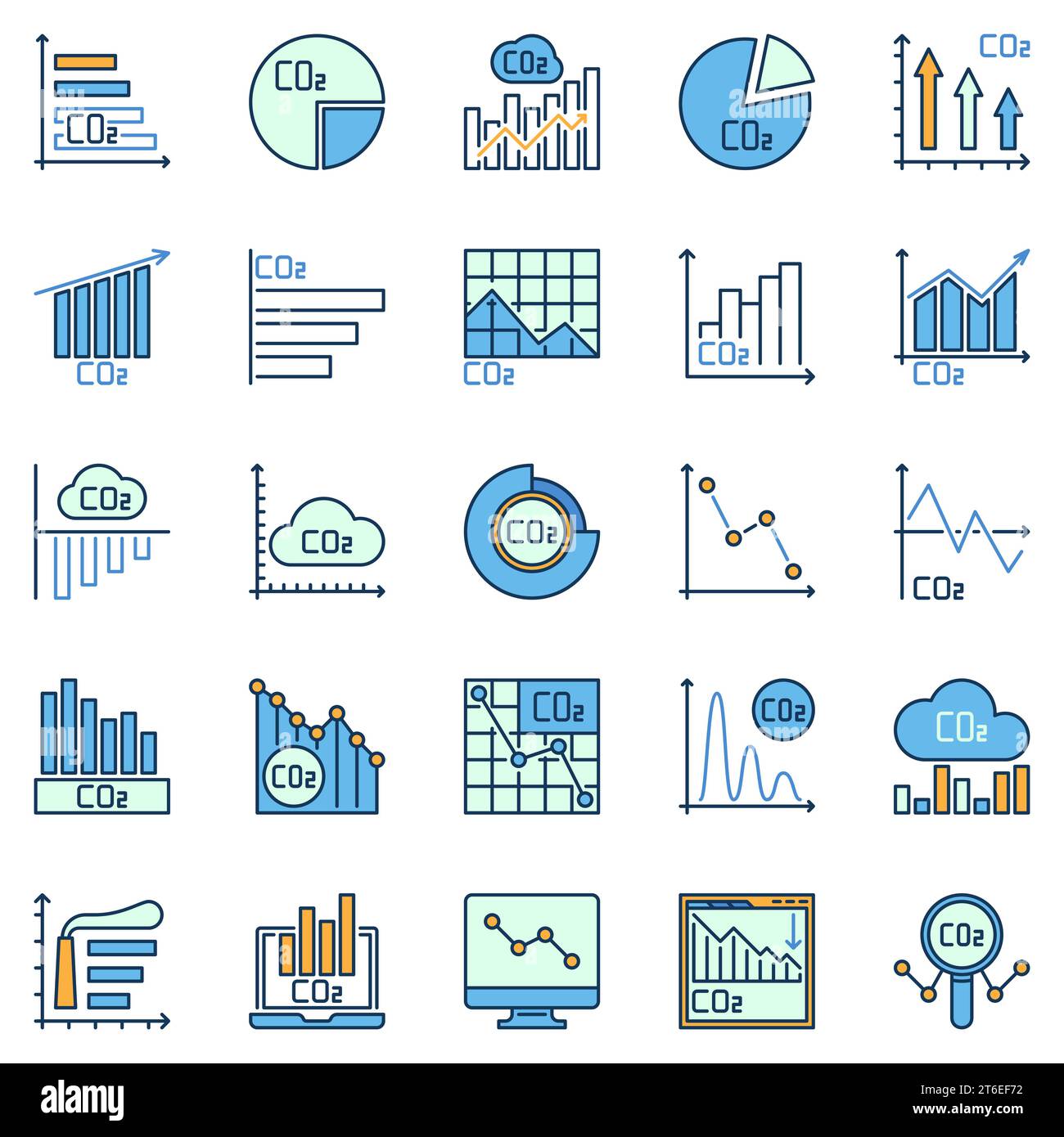 Carbon Dioxide CO2 Charts and Graphs colored concept vector icons set or design elements collection Stock Vector