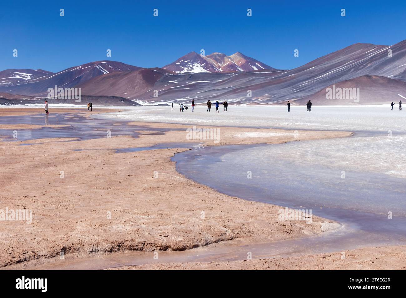 Tourists walking on the ice of the frozen lake, Laguna Miscanti, in the Andes in northern Chile. Mountains overlook the lagoon. Stock Photo