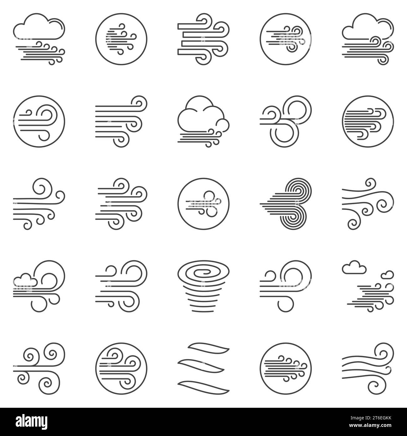 Wind outline vector icons set. Breeze concept weather symbols in thin line style Stock Vector