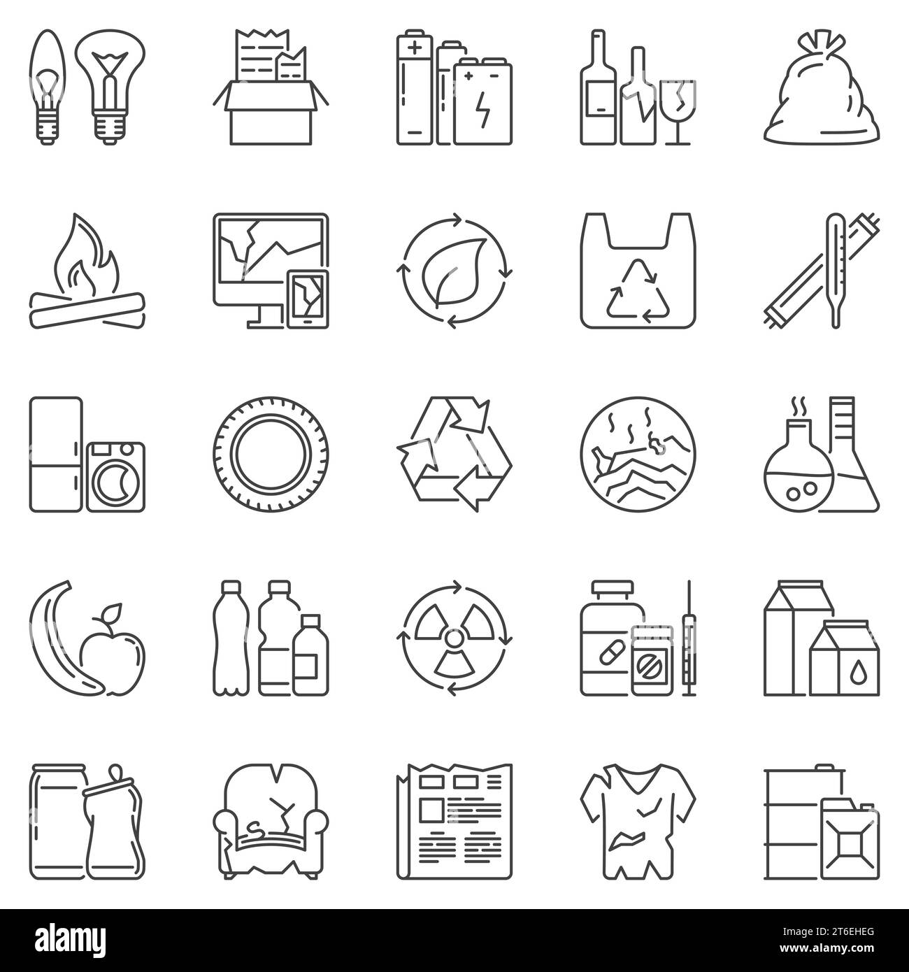 Garbage Types outline icons set - Waste Sorting vector concept symbols. Paper, Plastic, Organic, Glass, E-Waste Recycling linear signs Stock Vector