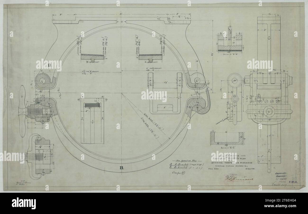 USS Maine (ACR-1)- Details of Proposed Plan for Stowing Torpedoes Overhead Stock Photo