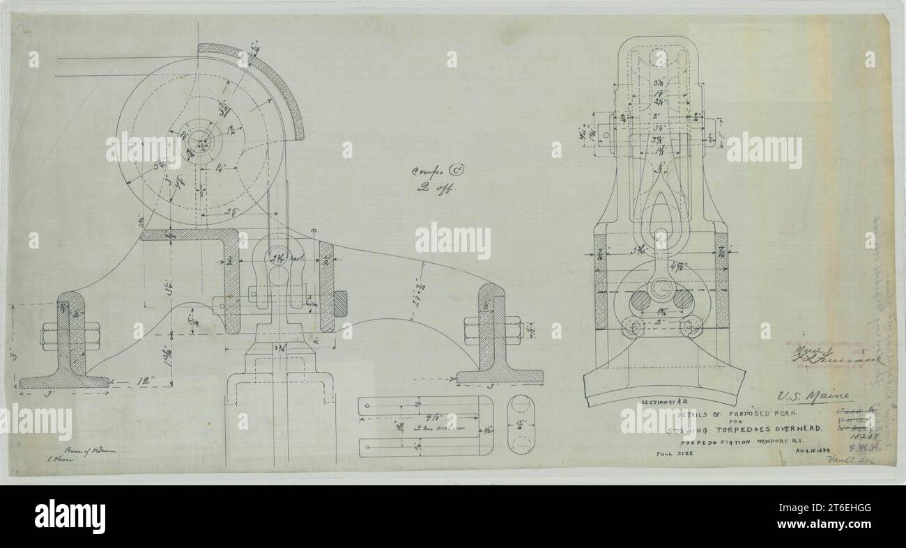 USS Maine (ACR-1)- Details of Proposed Plan for Stowing Torpedoes Overhead Stock Photo
