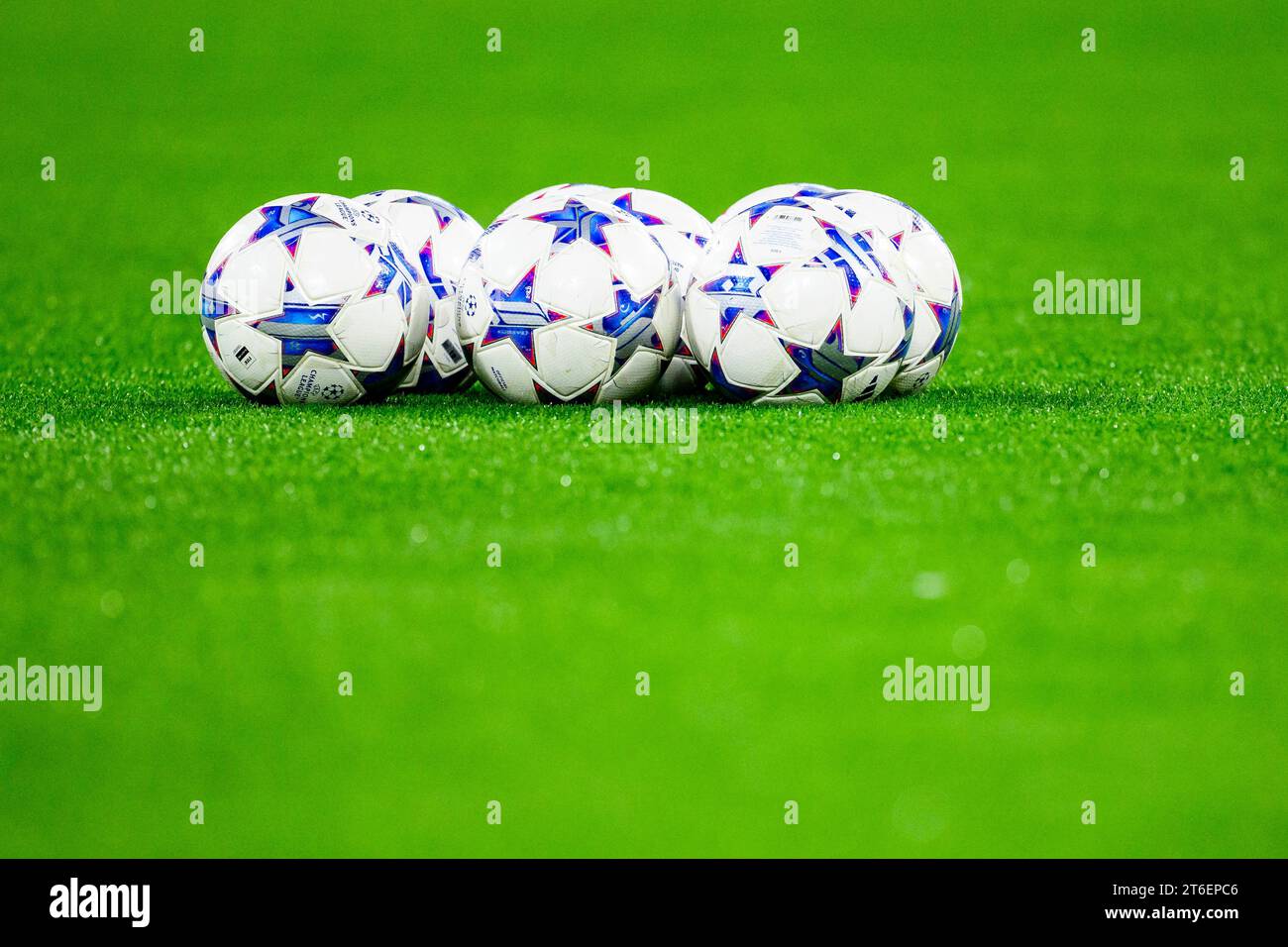 Munich, Germany. 08th Nov, 2023. Soccer: Champions League, Bayern Munich - Galatasaray Istanbul, Group stage, Group A, Matchday 4, Allianz Arena. Balls with a Champions League logo lie on the pitch. Credit: Tom Weller/dpa/Alamy Live News Stock Photo