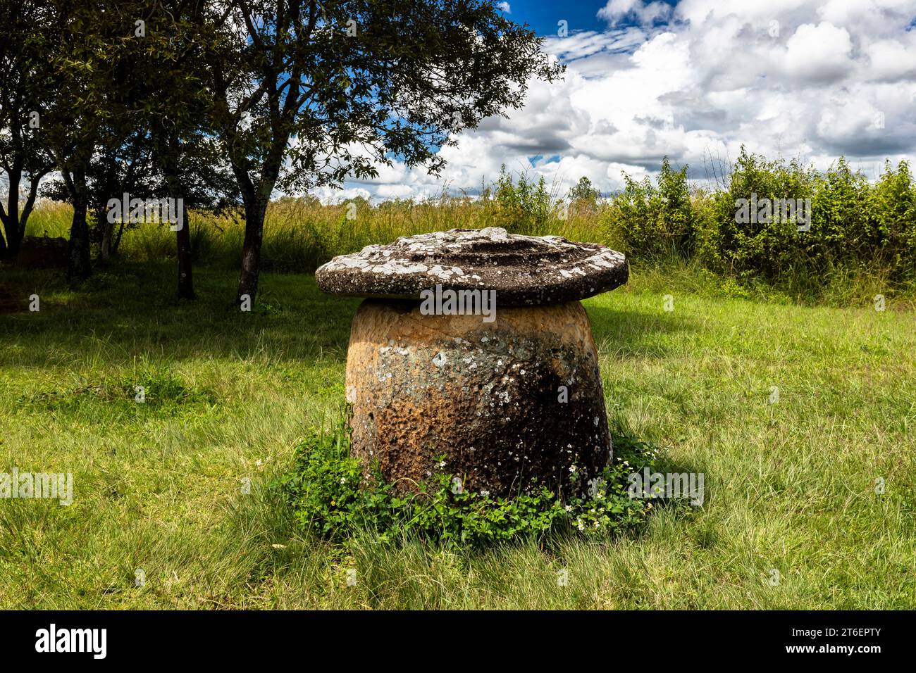 Plain of Jars(Jars plain), megalithic jar with disc, group 2 of site 1, Phonsavan, Xiangkhouang province, Laos, Southeast Asia, Asia Stock Photo