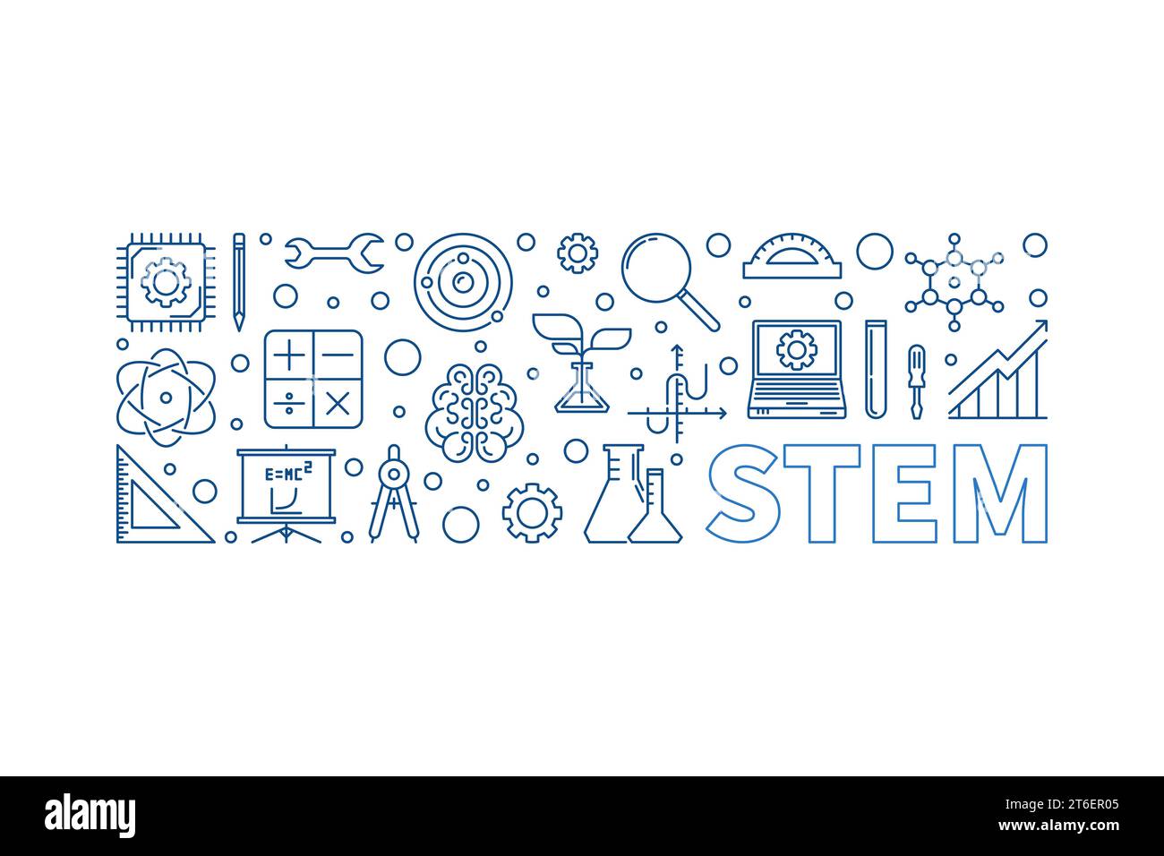 STEM Science, Technology, Engineering, Mathematics vector horizontal blue thin line banner or illustration Stock Vector
