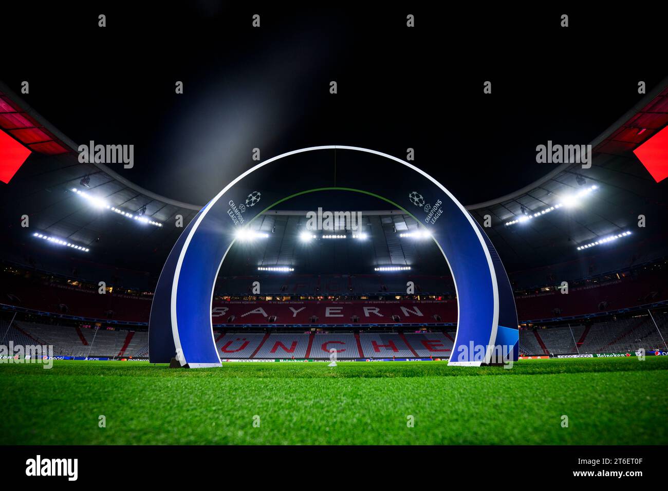 Munich, Germany. 08th Nov, 2023. Soccer: Champions League, Bayern Munich - Galatasaray Istanbul, Group stage, Group A, Matchday 4, Allianz Arena. An arch with the Champions League logo stands in the stadium before the match. Credit: Tom Weller/dpa/Alamy Live News Stock Photo
