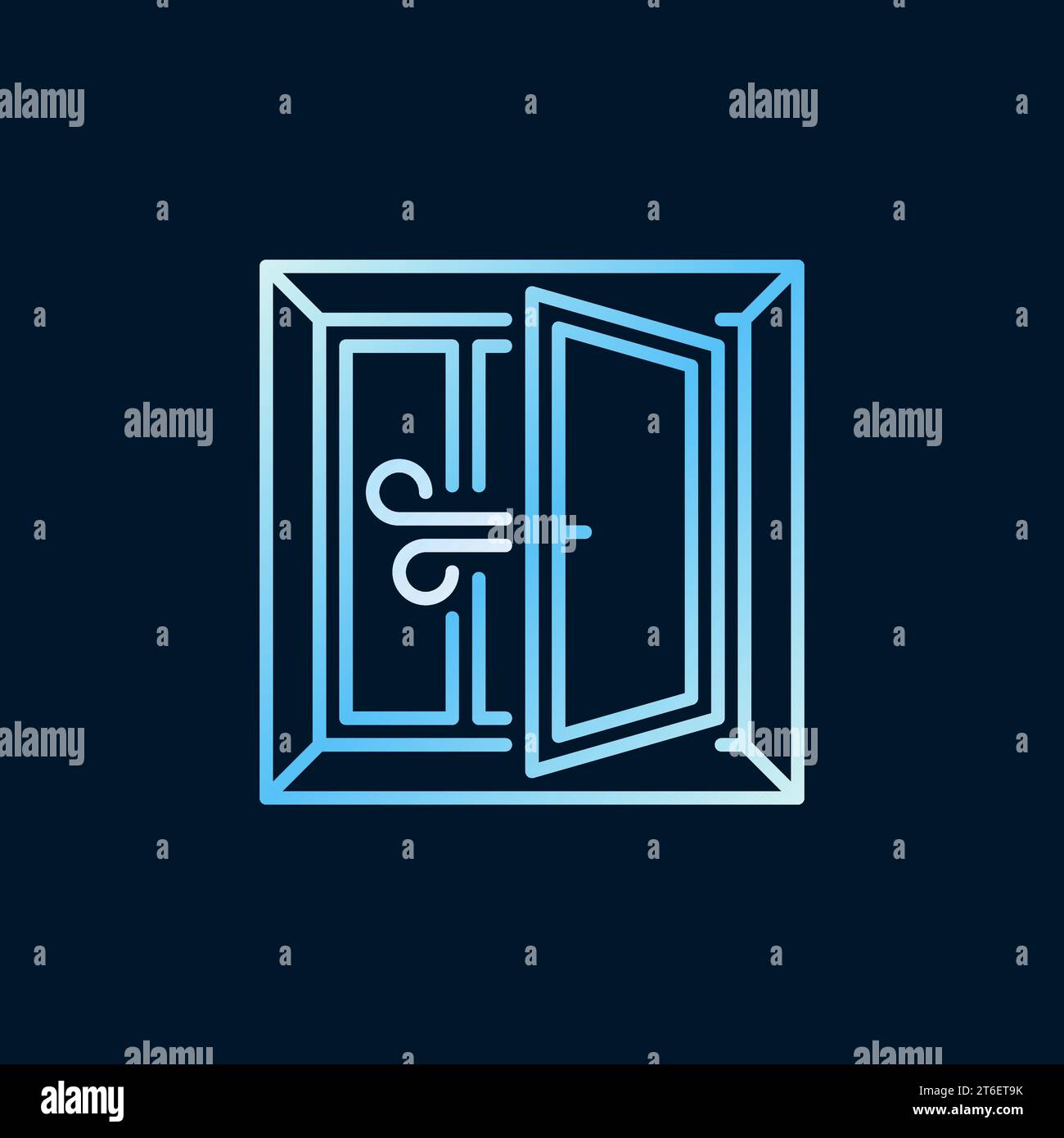Fresh Air from Open Window blue linear icon - Airing the Room vector concept symbol on dark background Stock Vector