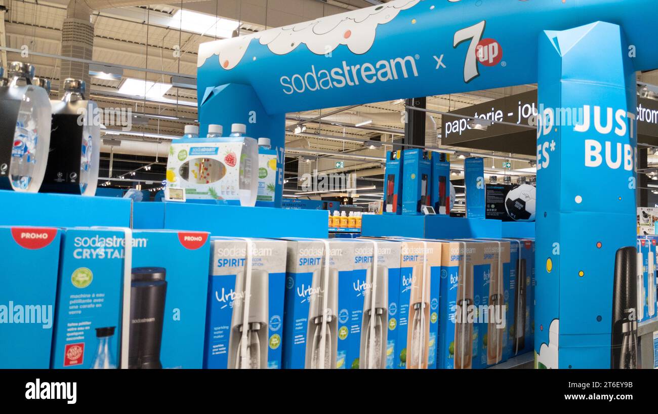 Bordeaux , France - 11 07 2023 : seven up syrups for SodaStream sparkling water maker logo brand and text sign on display advertising in supermarket Stock Photo