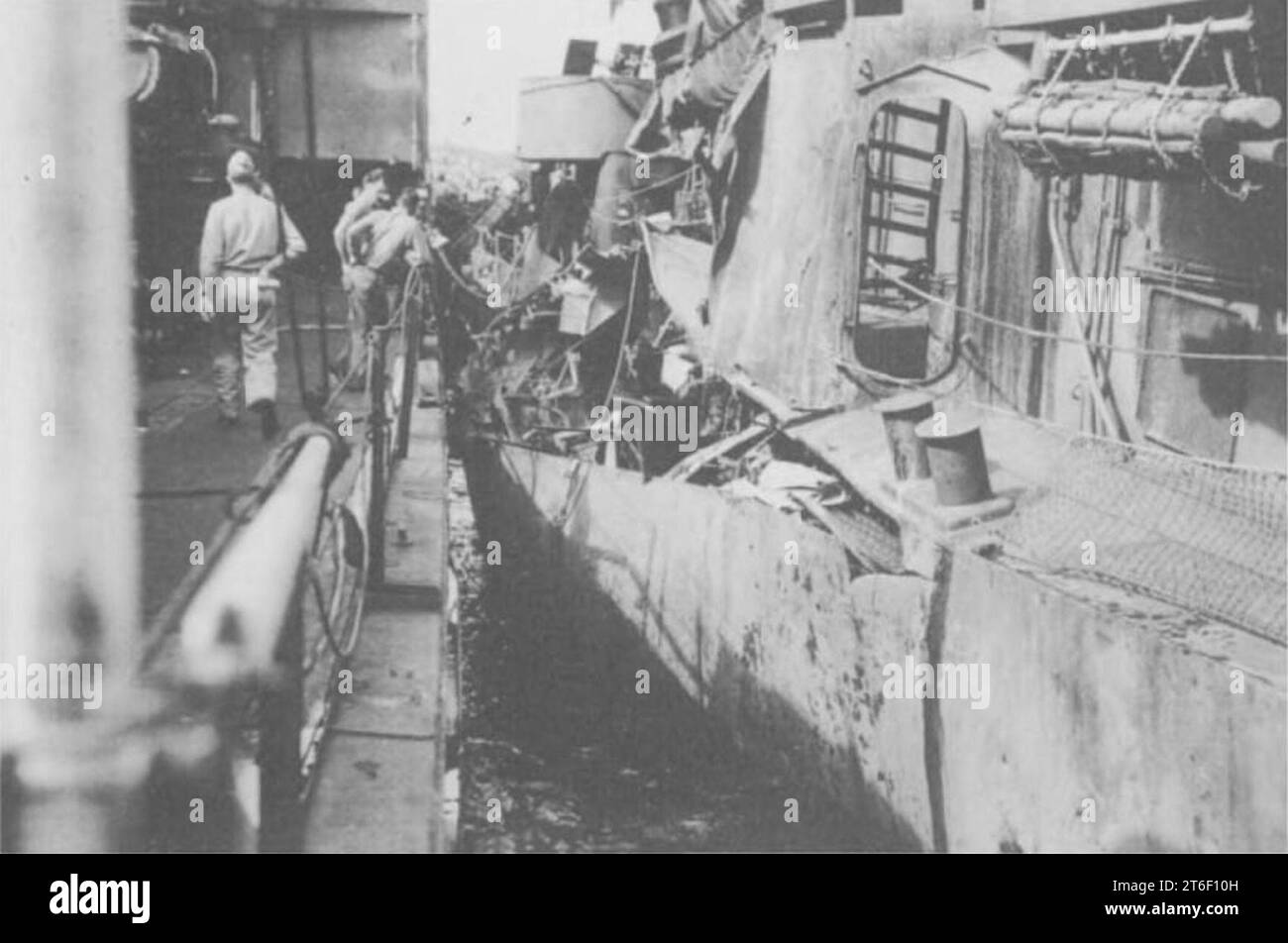 USS Oberrender starboard side damage from kamikaze attack Stock Photo