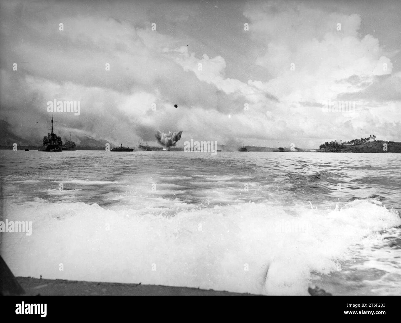 USS Oyster Bay (AGP6) and USS Hilo (AGP2) under air attack off