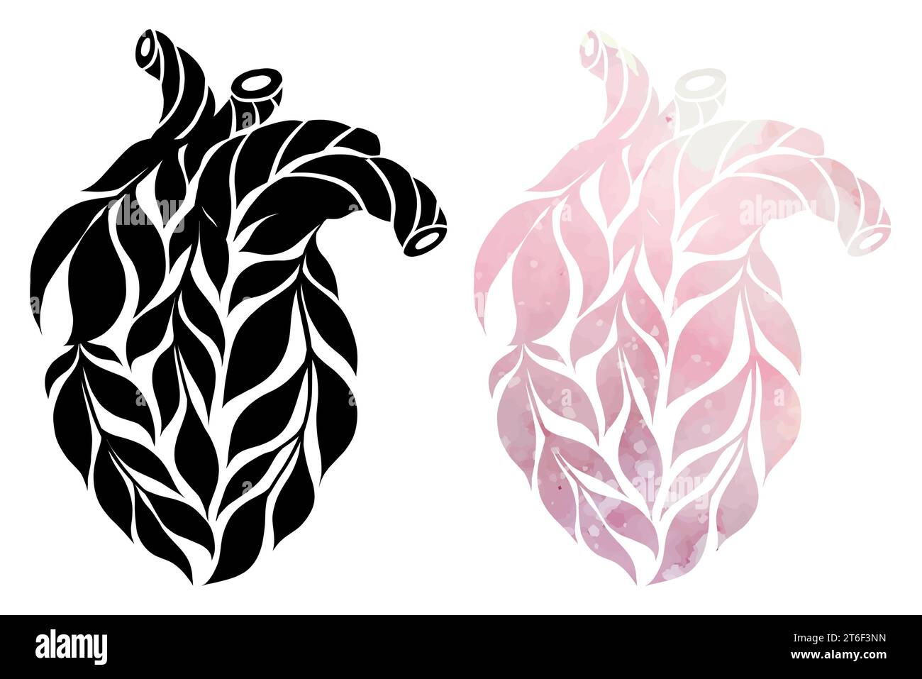 Vector clipart collection of a healthy black and pink watercolor human hearts made of leaves isolated from background. Set of internal organs Stock Vector