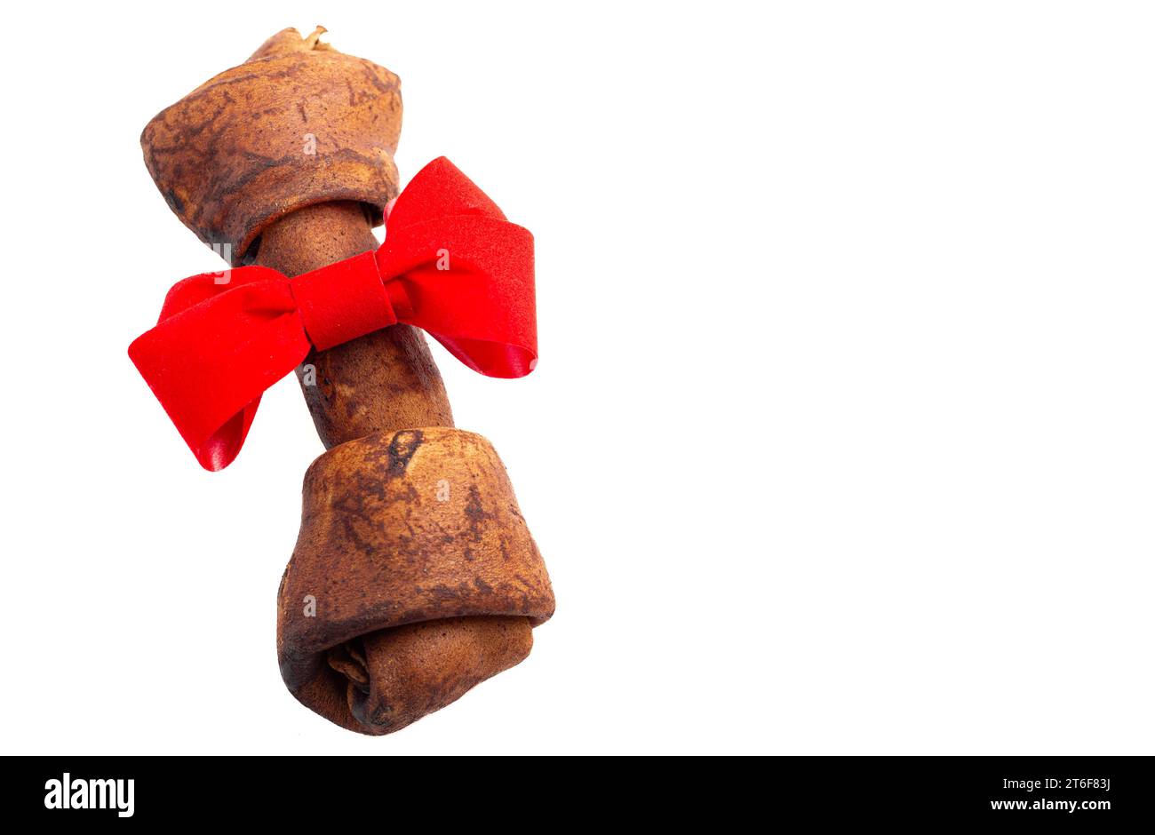 A Rawhide Dog Chew Toy Bone Isolated on a White Background with a Red