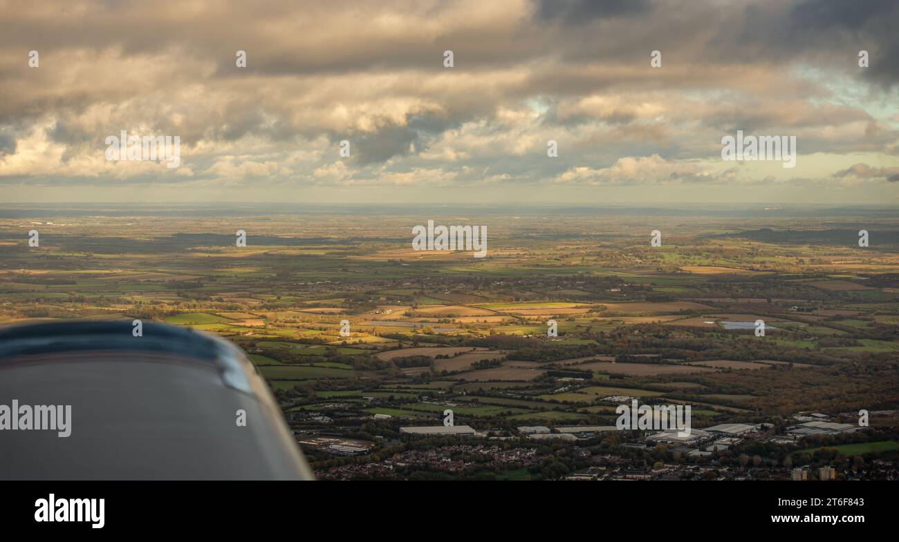 View from an light aircraft flying near Swindon on a cloudy day Stock Photo