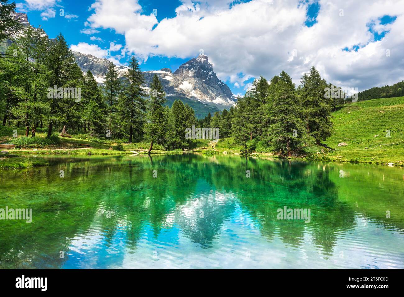 The Blue Lake (Lago blu in italian) and the reflected Matterhorn (Cervino in italian). Cervinia, Aosta Valley region, Italy Stock Photo