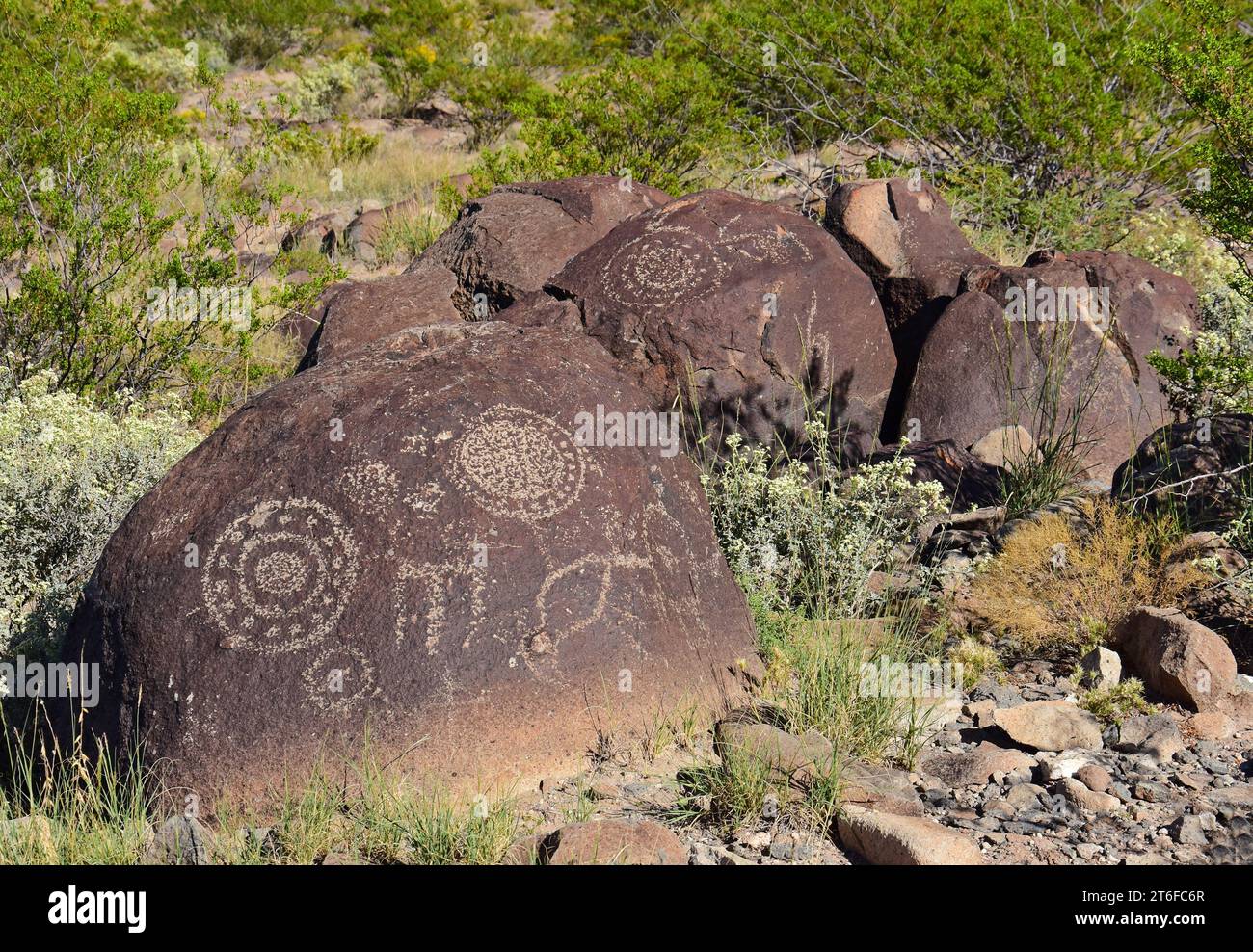 the ancient native jornada morgollon petroglyphs  on a sunny day at three rivers petroglyph site, near tularosa, new mexico Stock Photo