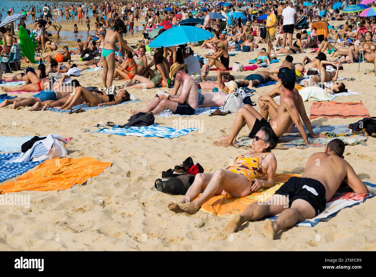 Crowded beach with people in August, San Sebastian, Donostia, Basque Country, Northern Spain, Spain Stock Photo