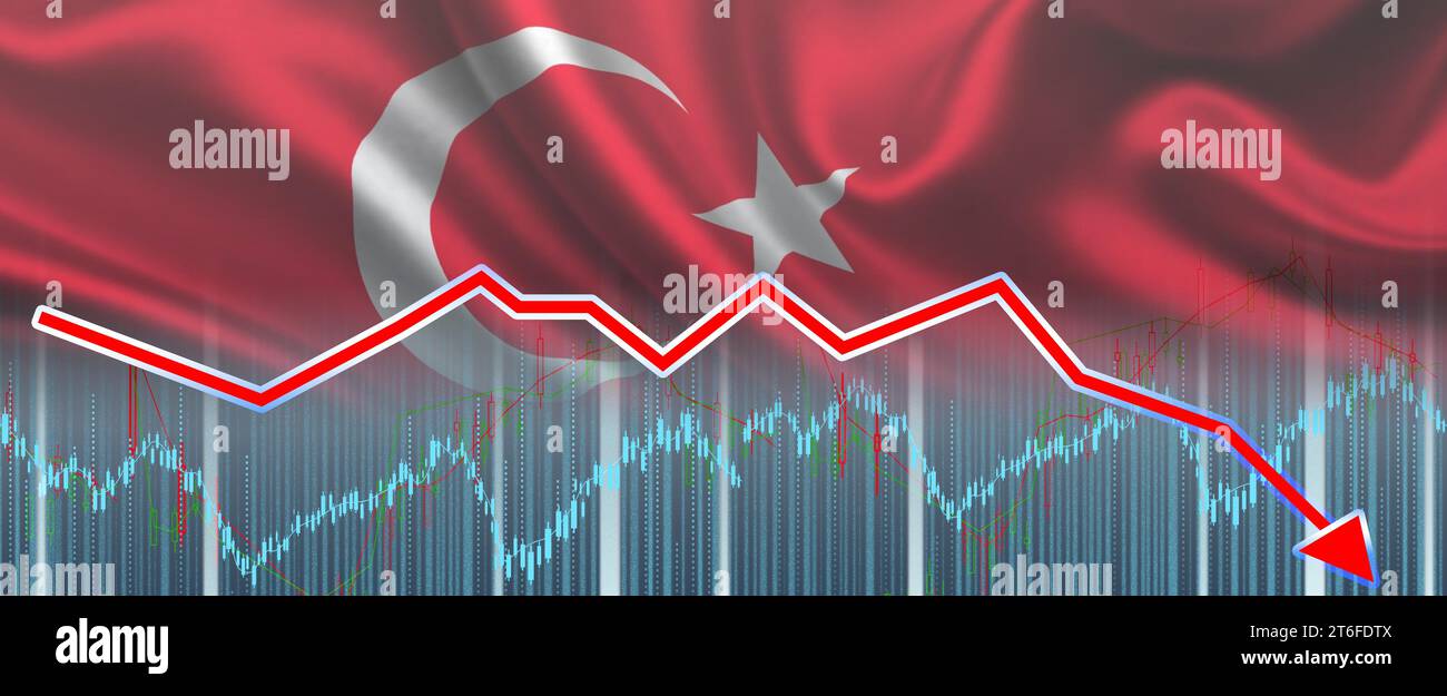 Recession graph with a red arrow on the Turkey flag, inflation. Decline