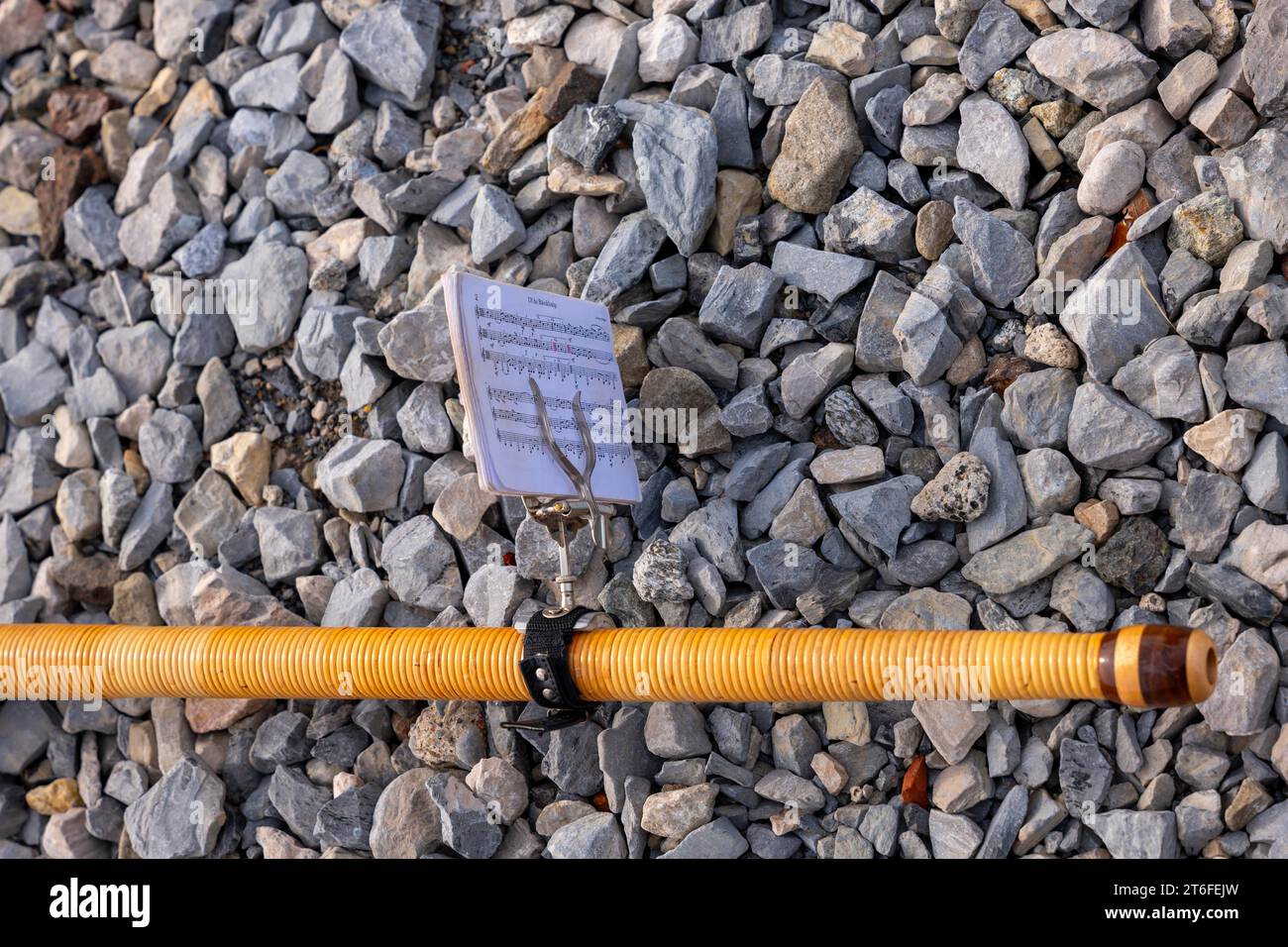 Music Instrument Alphorn with Notes Lying on the Ground in a Sunny Day in Switzerland Stock Photo
