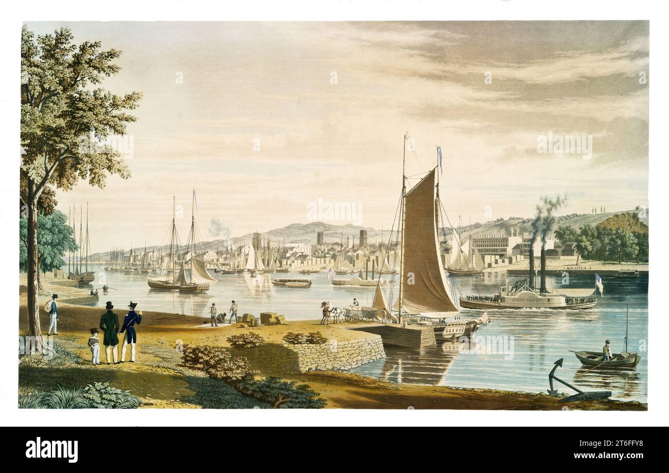 Old view of Troy along the Hudson river, New York state. By W.J. Bennet, publ. in New York, 1838 Stock Photo