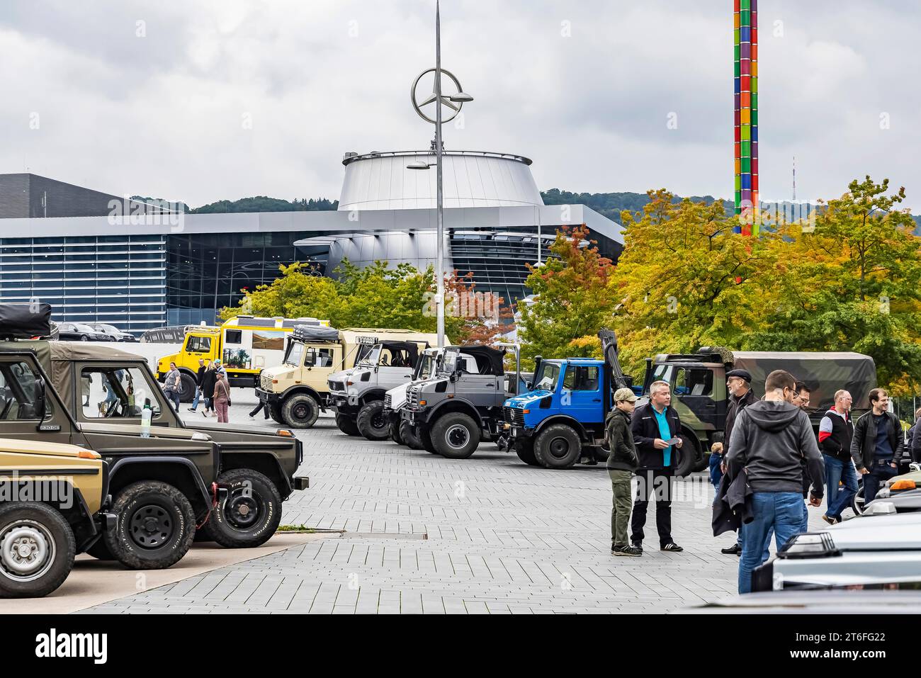 Classic car meeting Classics & Coffee at the Mercedes-Benz Museum, Unimog, classic cars and youngtimers from private owners present themselves in an Stock Photo