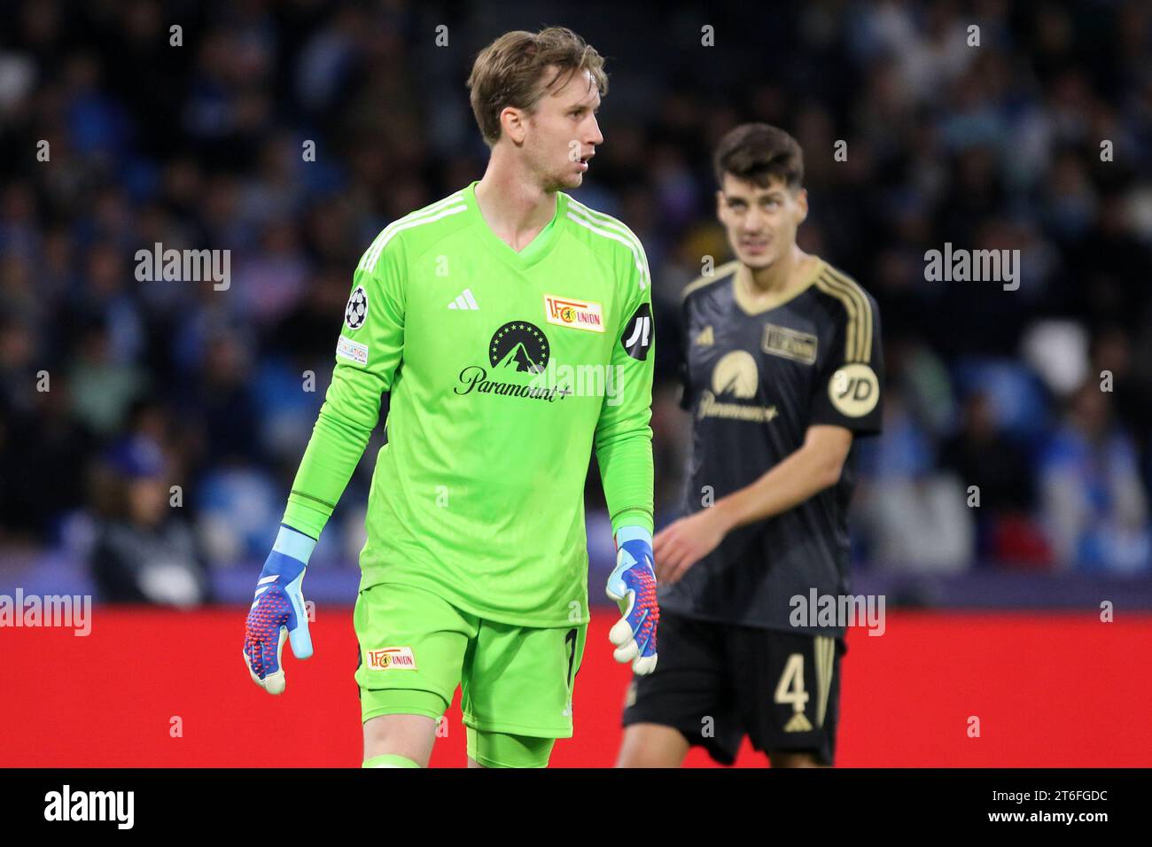Frederik Ronnow of FC Union Berlin looks on during the Uefa Champions Leaguematch beetween Ssc Napoli and Fc Union Berlin at Stadio Maradona on November 9, 2023 in Napoli, Italy . Stock Photo