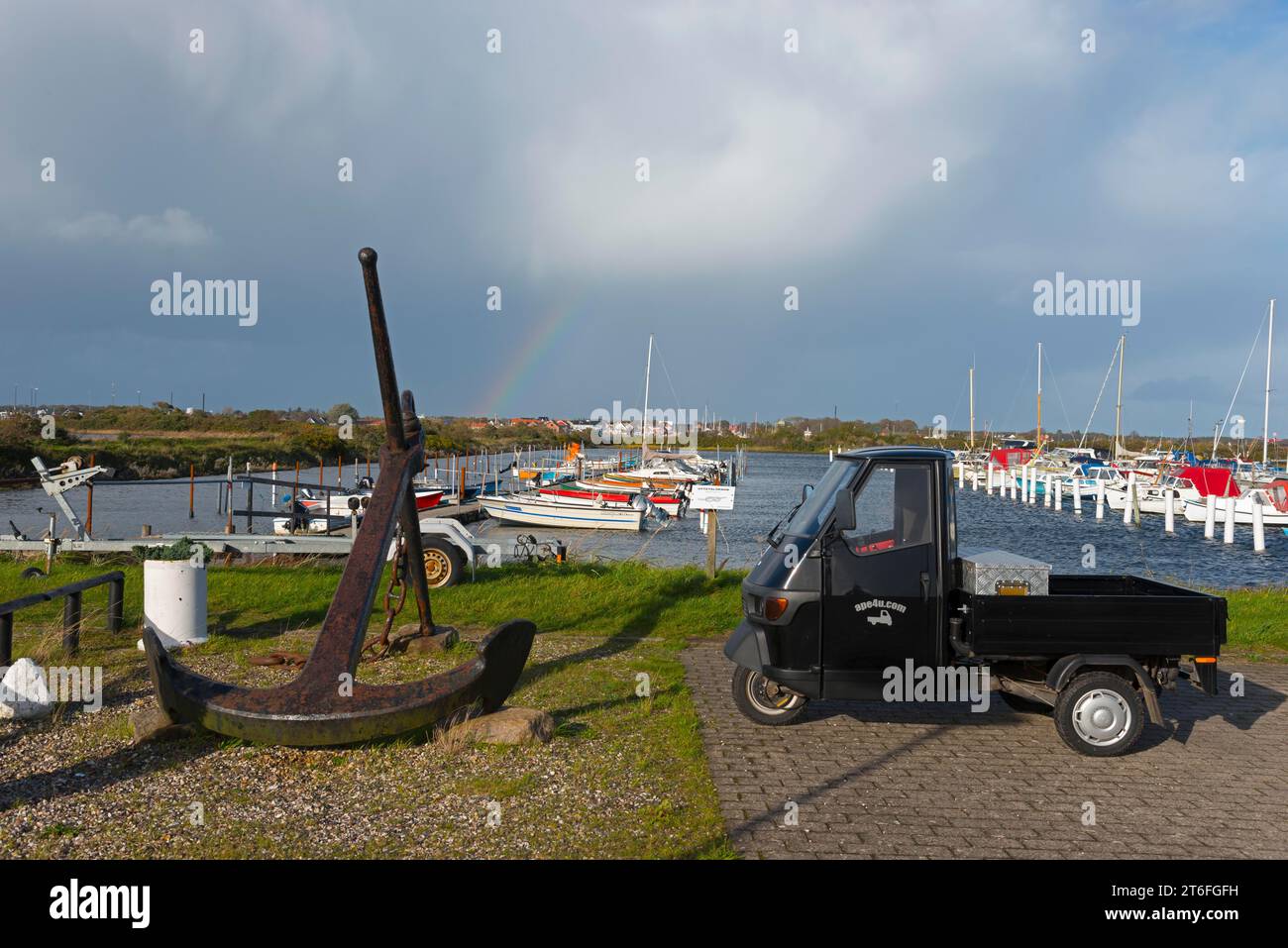 Anchor and Piaggio Ape tricycle, marina, Egense, Mou, Aalborg, North Jutland, North Jutland, Limfjord, Kattegat, Denmark Stock Photo